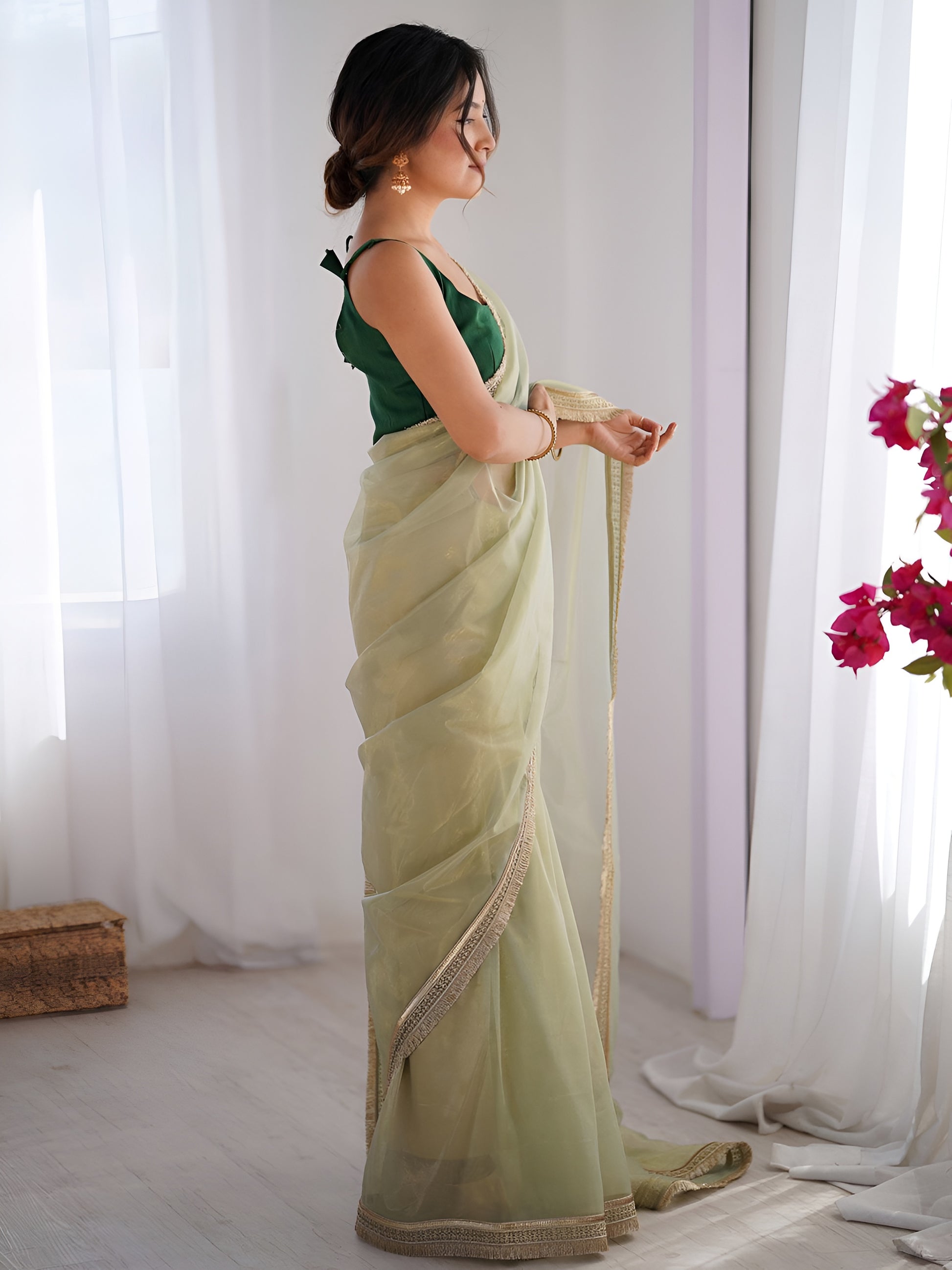 Alluring Green Lace Border Net Mehendi Wear Saree With Blouse
