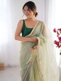Alluring Green Lace Border Net Mehendi Wear Saree With Blouse