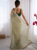 Alluring Green Lace Border Net Mehendi Wear Saree With Blouse