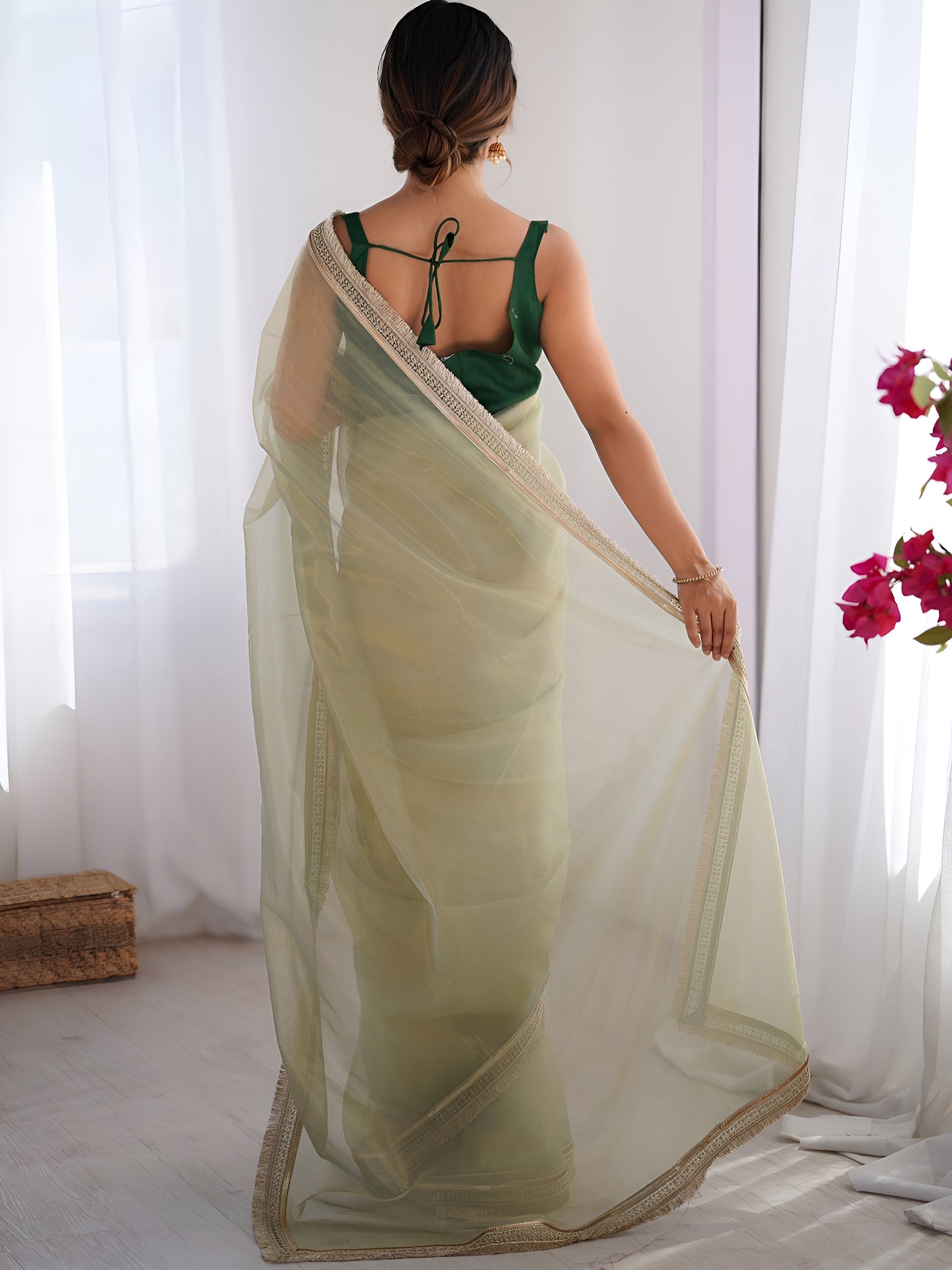 Alluring Green Lace Border Net Mehendi Wear Saree With Blouse