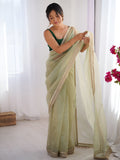 Alluring Green Lace Border Net Mehendi Wear Saree With Blouse