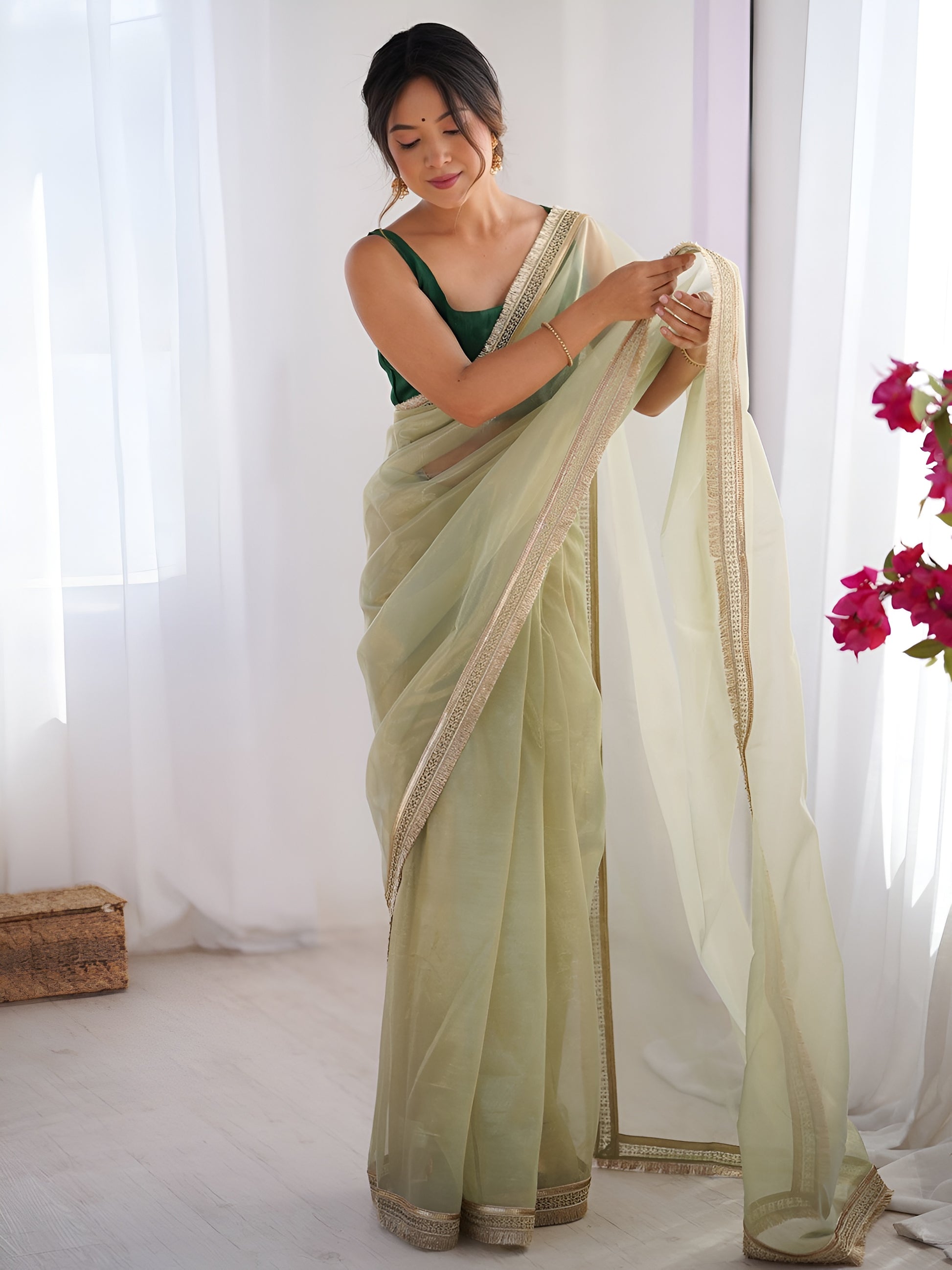 Alluring Green Lace Border Net Mehendi Wear Saree With Blouse
