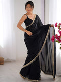 Outstanding Black Lace Work Silk Evening Wear Saree With Blouse