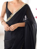 Outstanding Black Lace Work Silk Evening Wear Saree With Blouse