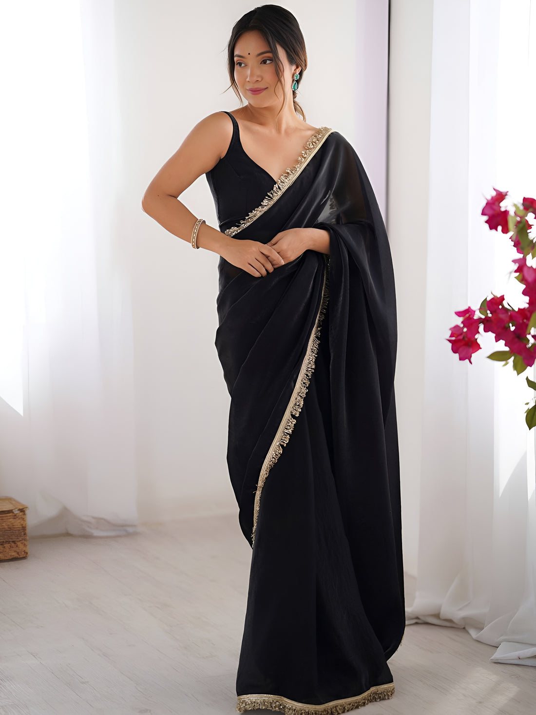 Outstanding Black Lace Work Silk Evening Wear Saree With Blouse