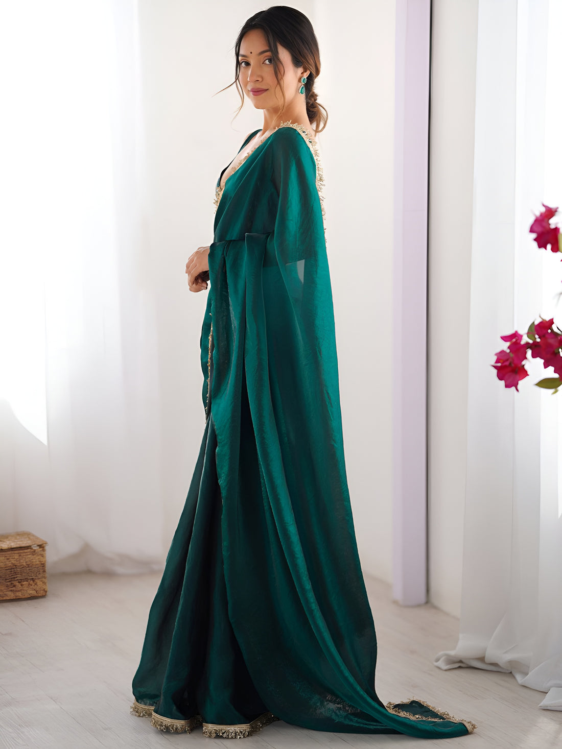 Glorious Teal Green Lace Work Silk Mehendi Wear Saree With Blouse