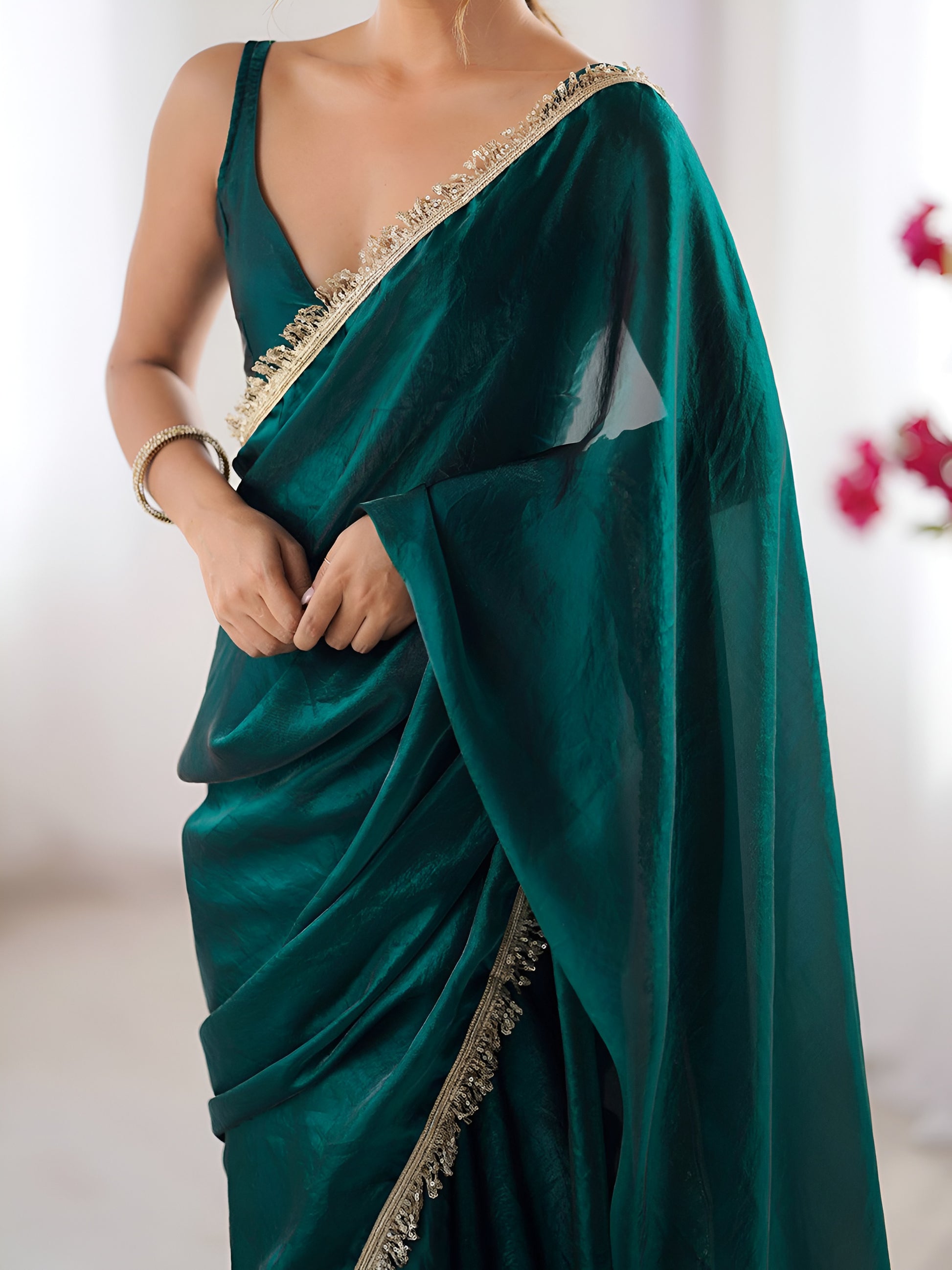 Glorious Teal Green Lace Work Silk Mehendi Wear Saree With Blouse