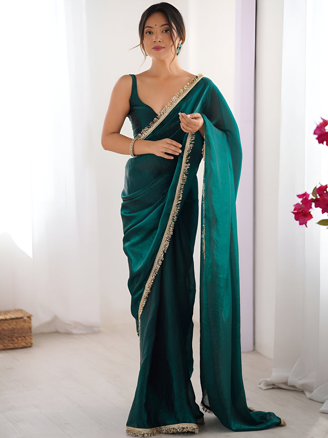 Glorious Teal Green Lace Work Silk Mehendi Wear Saree With Blouse
