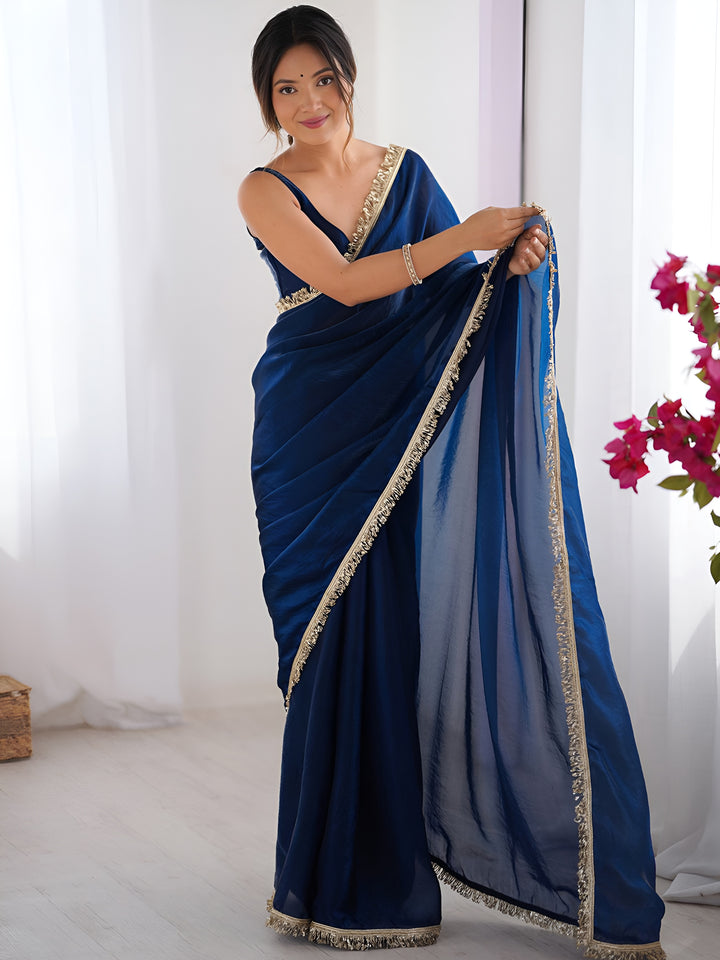 Mesmerizing Blue Lace Border Silk Marriage Wear Saree With Blouse