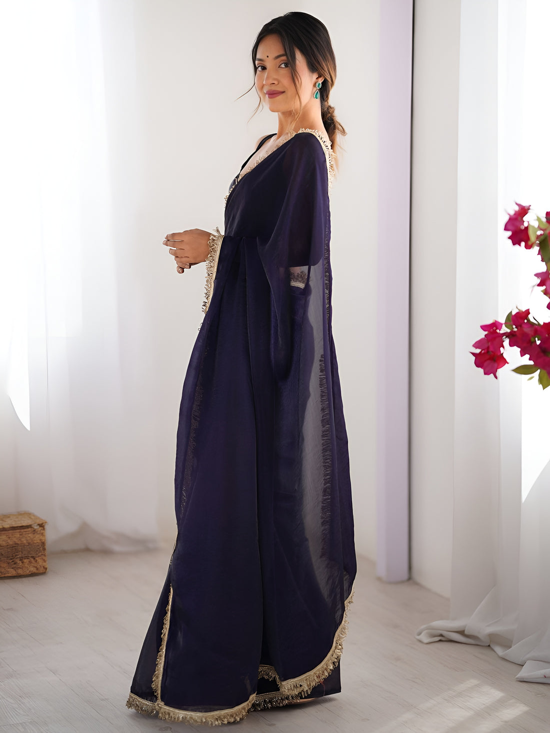 Awesome Purple Lace Border Silk Event Wear Saree With Blouse