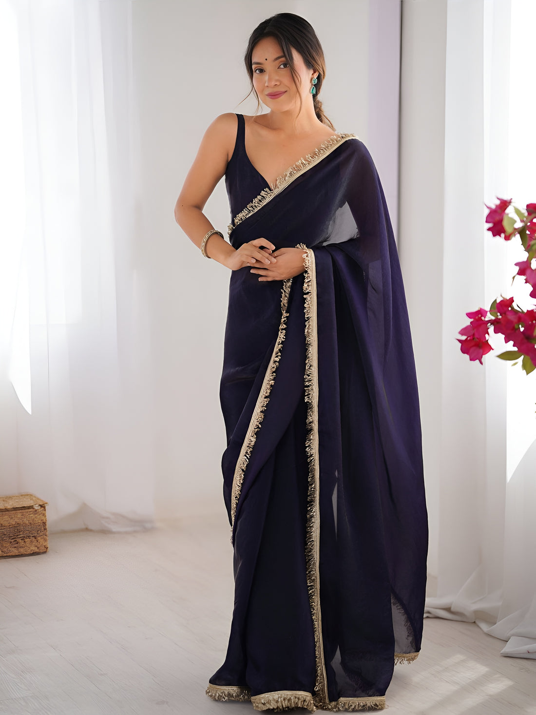 Awesome Purple Lace Border Silk Event Wear Saree With Blouse