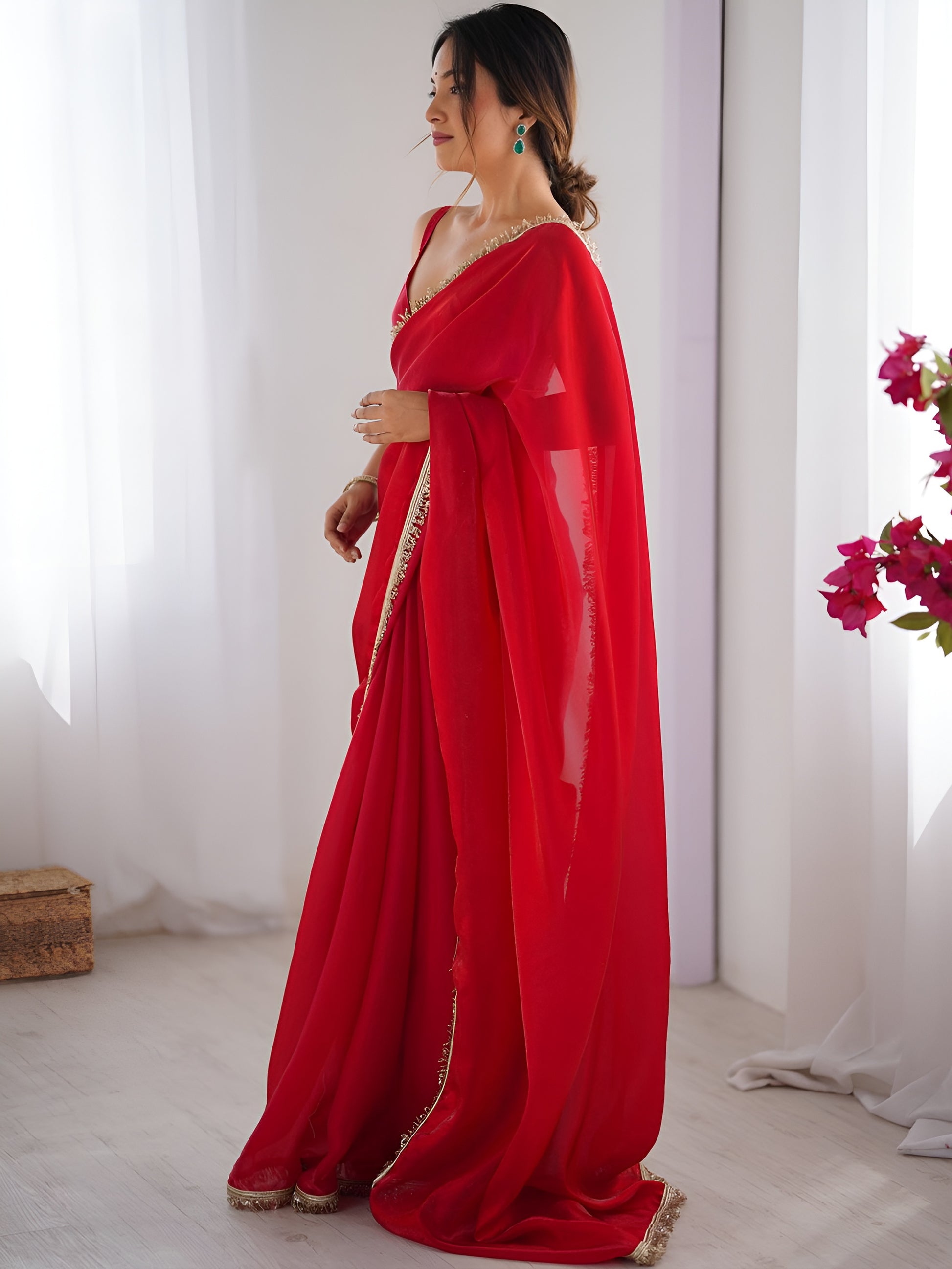 Lovely Red Lace Border Silk Wedding Wear Saree With Blouse