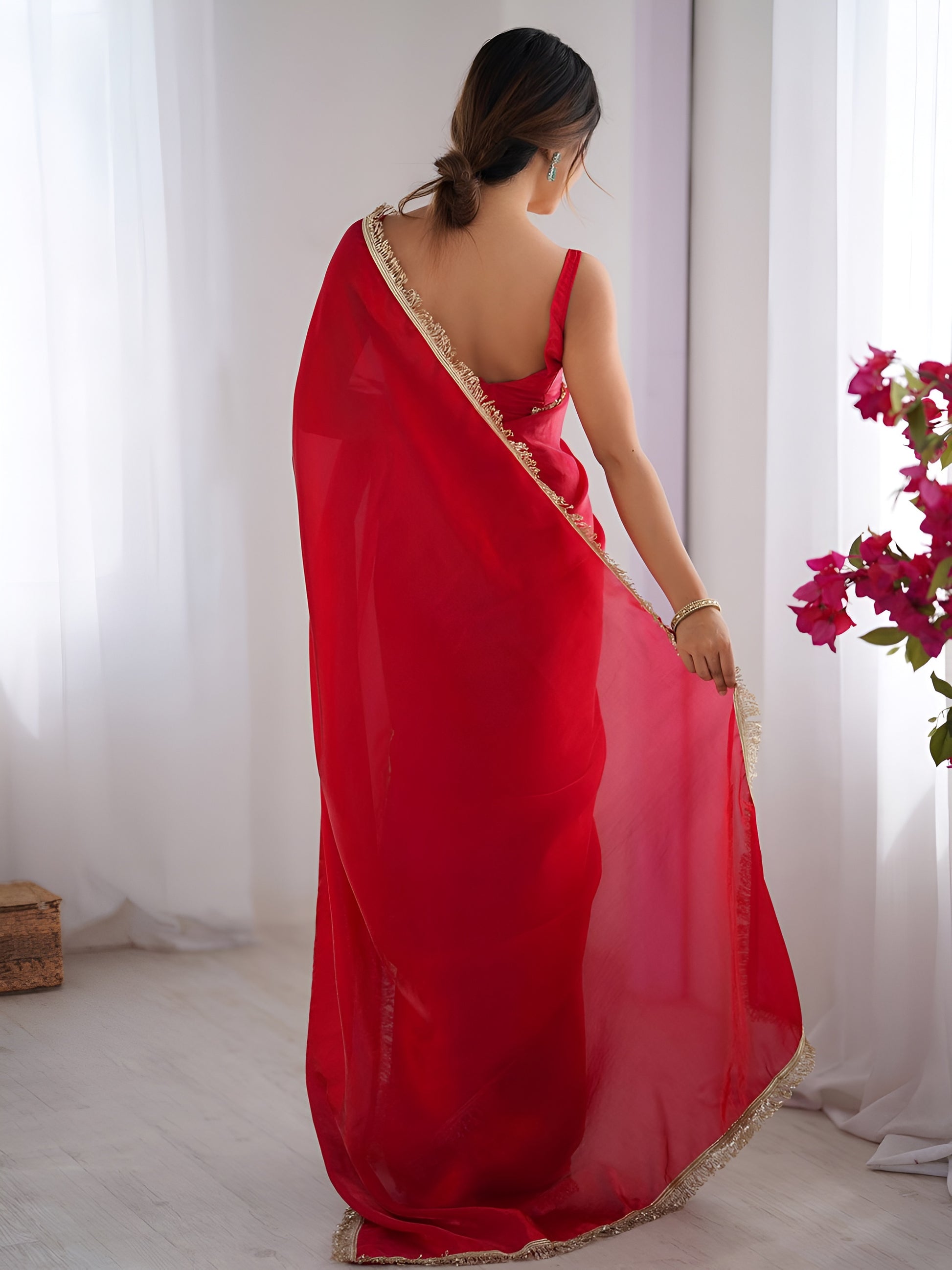 Lovely Red Lace Border Silk Wedding Wear Saree With Blouse