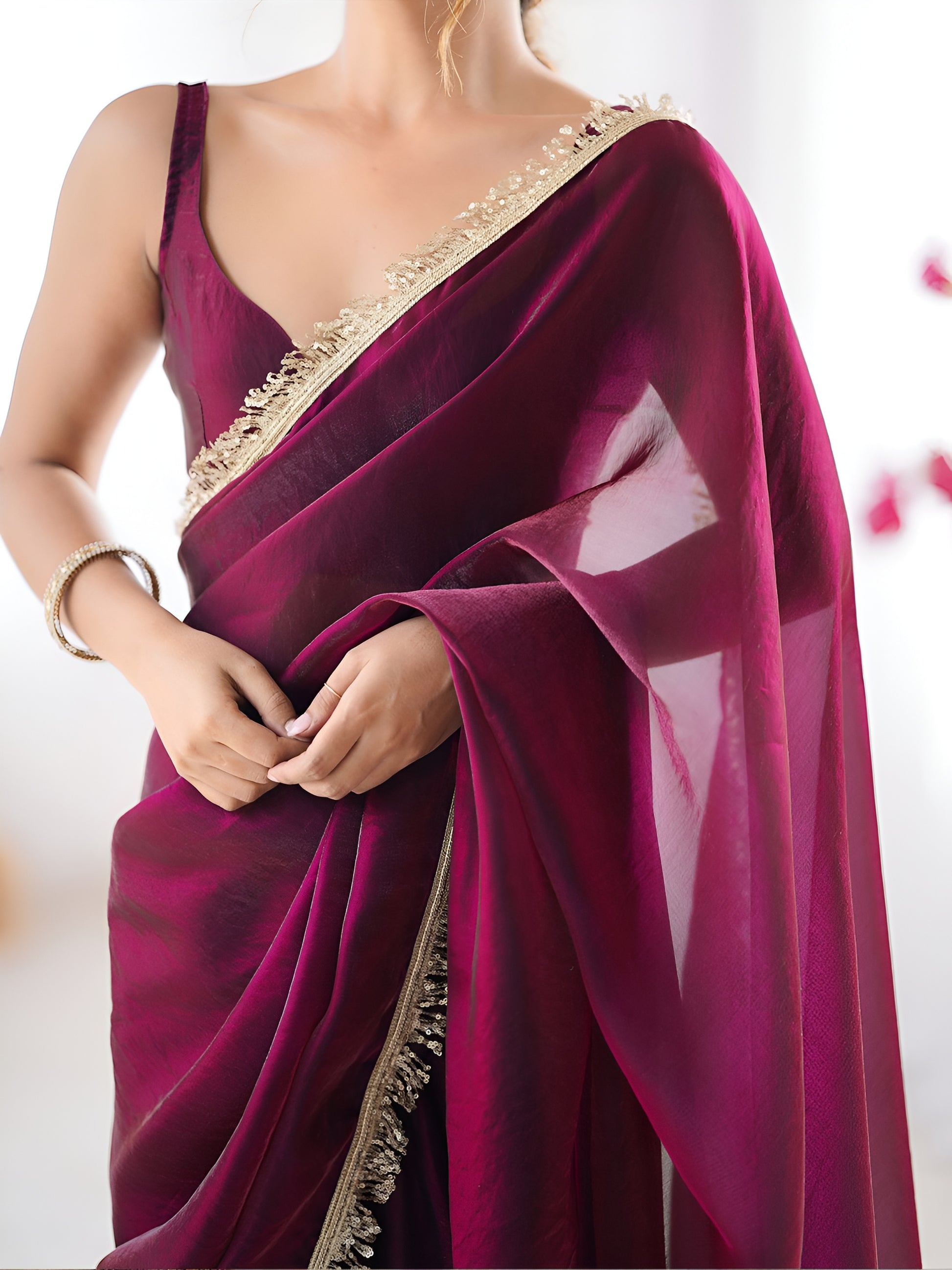 Magnetic Wine Lace Border Silk Function Wear Saree With Blouse