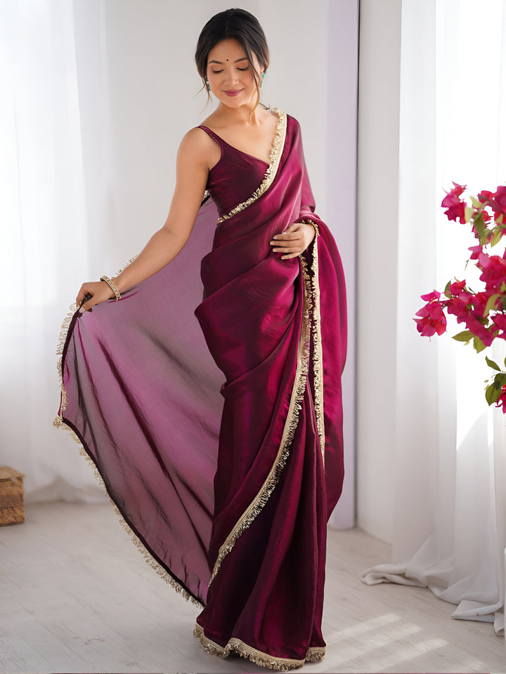 Magnetic Wine Lace Border Silk Function Wear Saree With Blouse