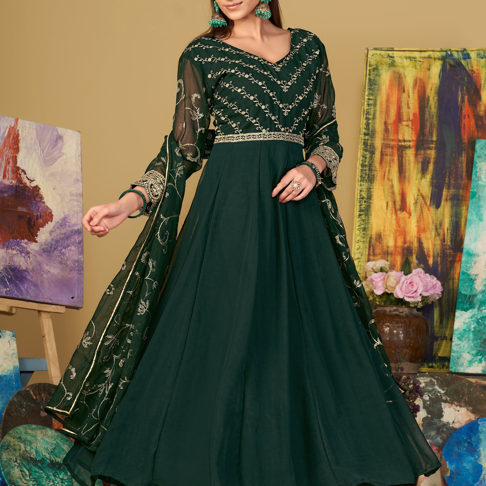 Radiant Green Sequins Georgette Anarkali Suit With Dupatta