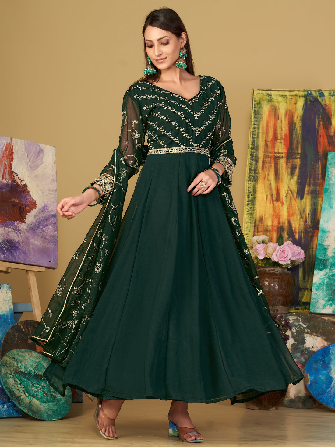 Radiant Green Sequins Georgette Anarkali Suit With Dupatta