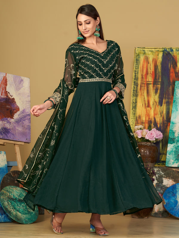 Radiant Green Sequins Georgette Anarkali Suit With Dupatta