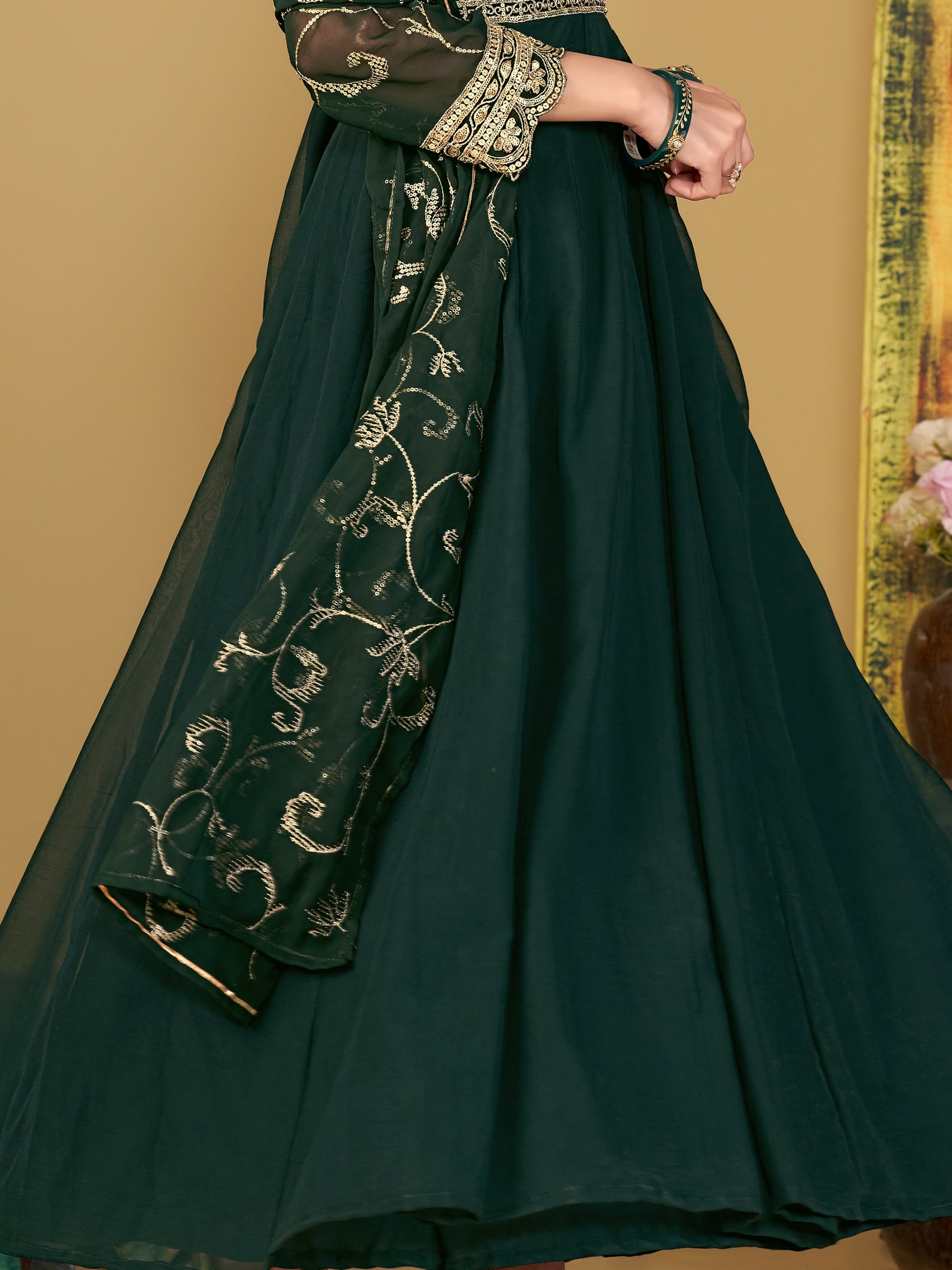 Radiant Green Sequins Georgette Anarkali Suit With Dupatta