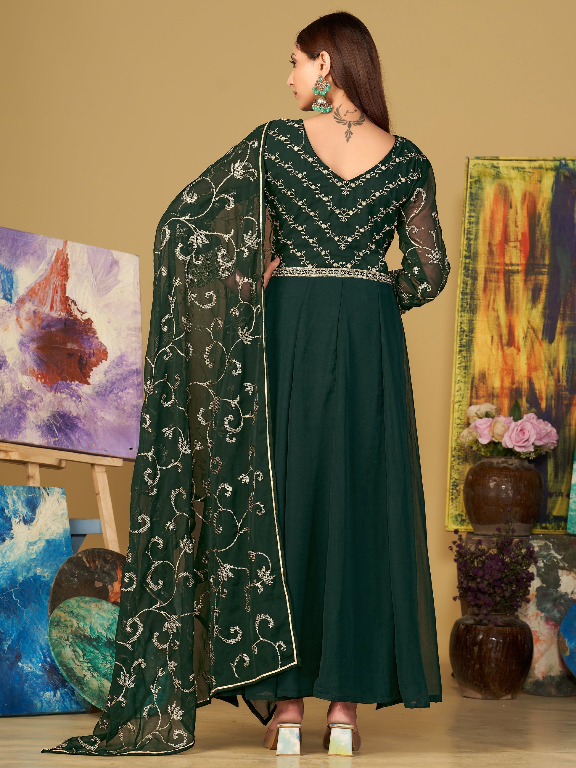 Radiant Green Sequins Georgette Anarkali Suit With Dupatta