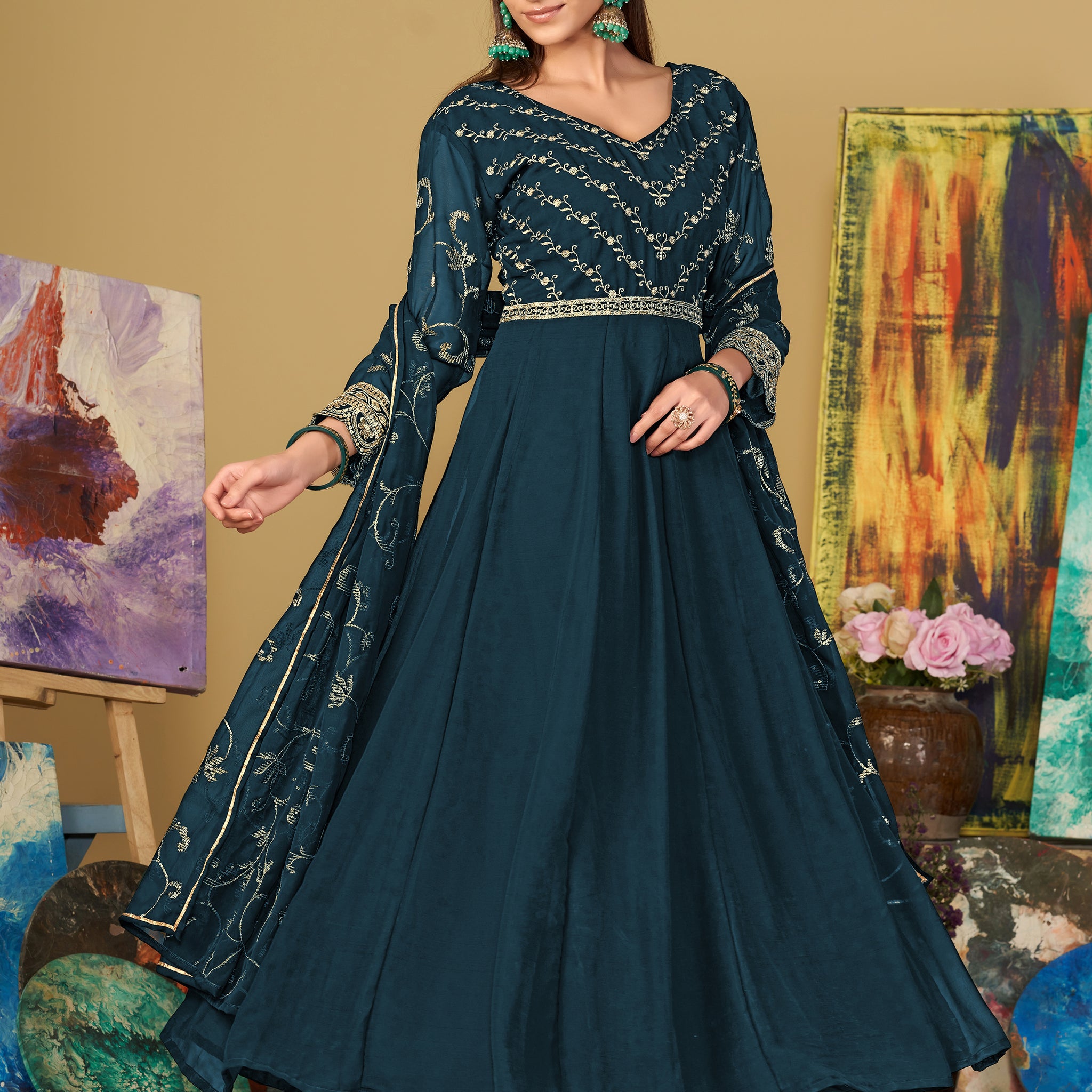 Sublime Teal Blue Sequins Georgette Sangeet Wear Anarkali Suit
