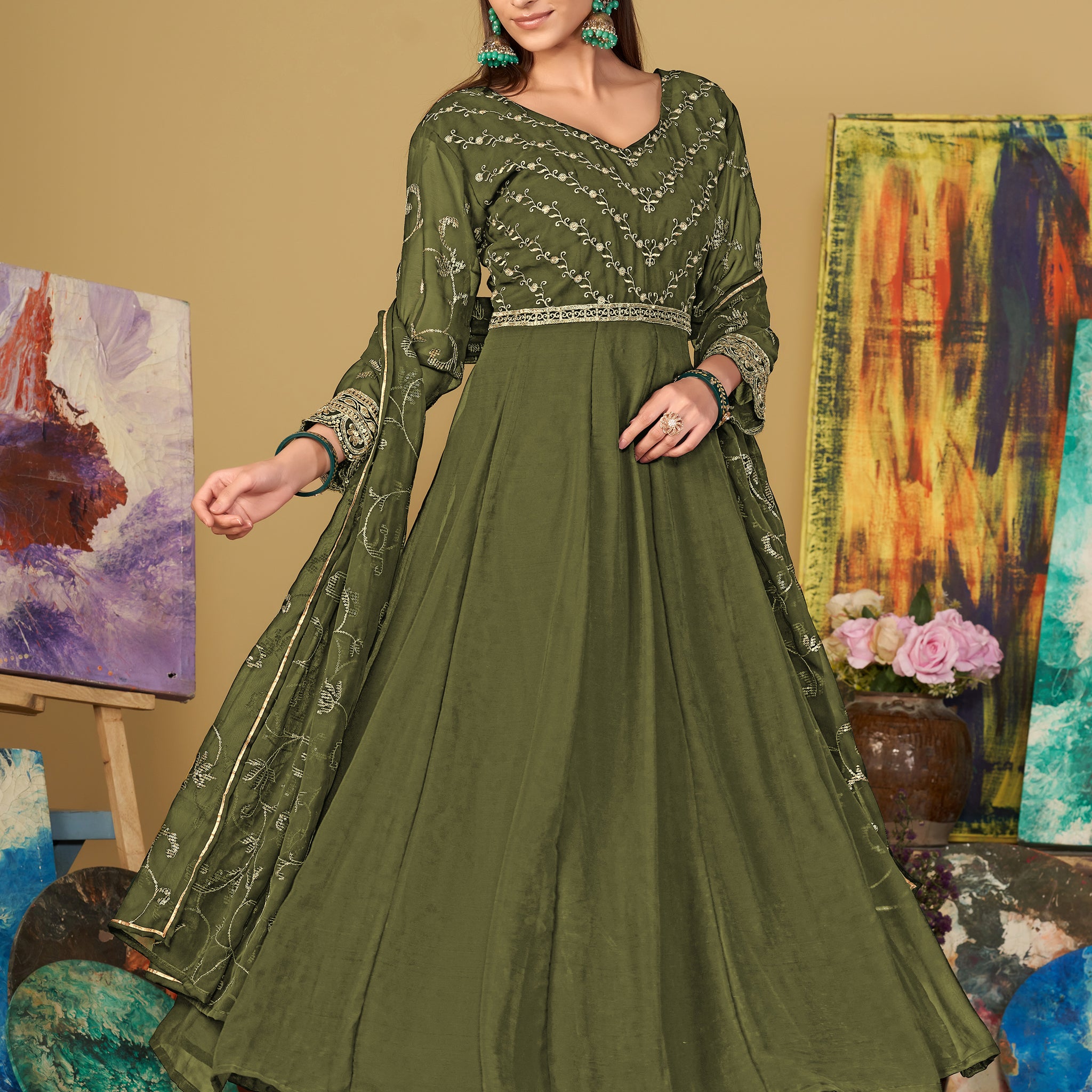 Virtuous Olive Green Sequins Georgette Festive Wear Anarkali Suit