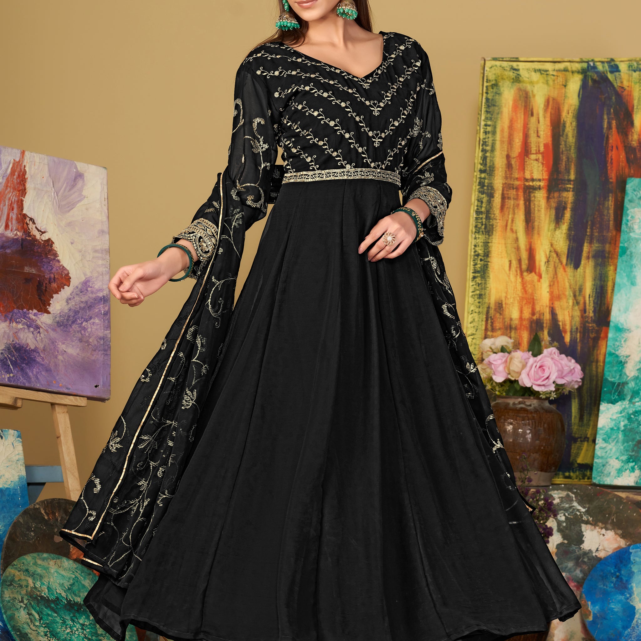 Lavish Black Sequins Georgette Anarkali Suit With Dupatta
