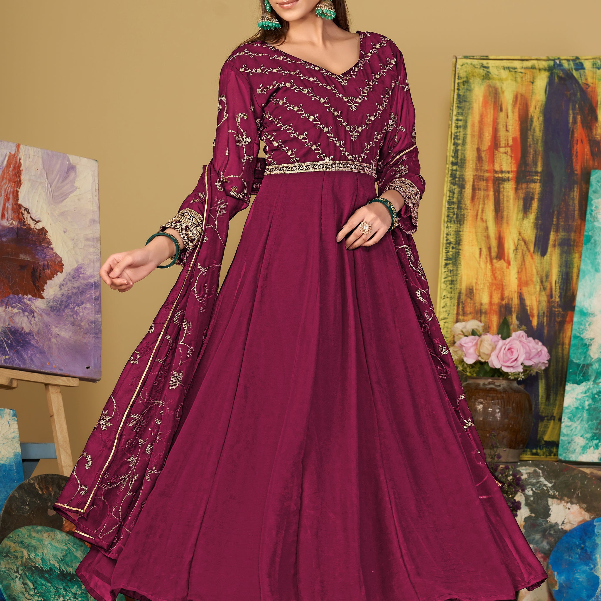 Elegant Dark Pink Sequins Georgette Reception Wear Anarkali Suit