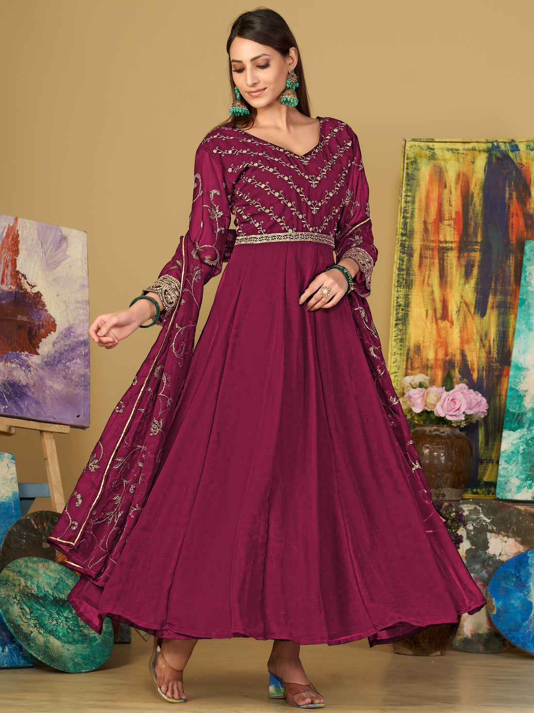 Elegant Dark Pink Sequins Georgette Reception Wear Anarkali Suit