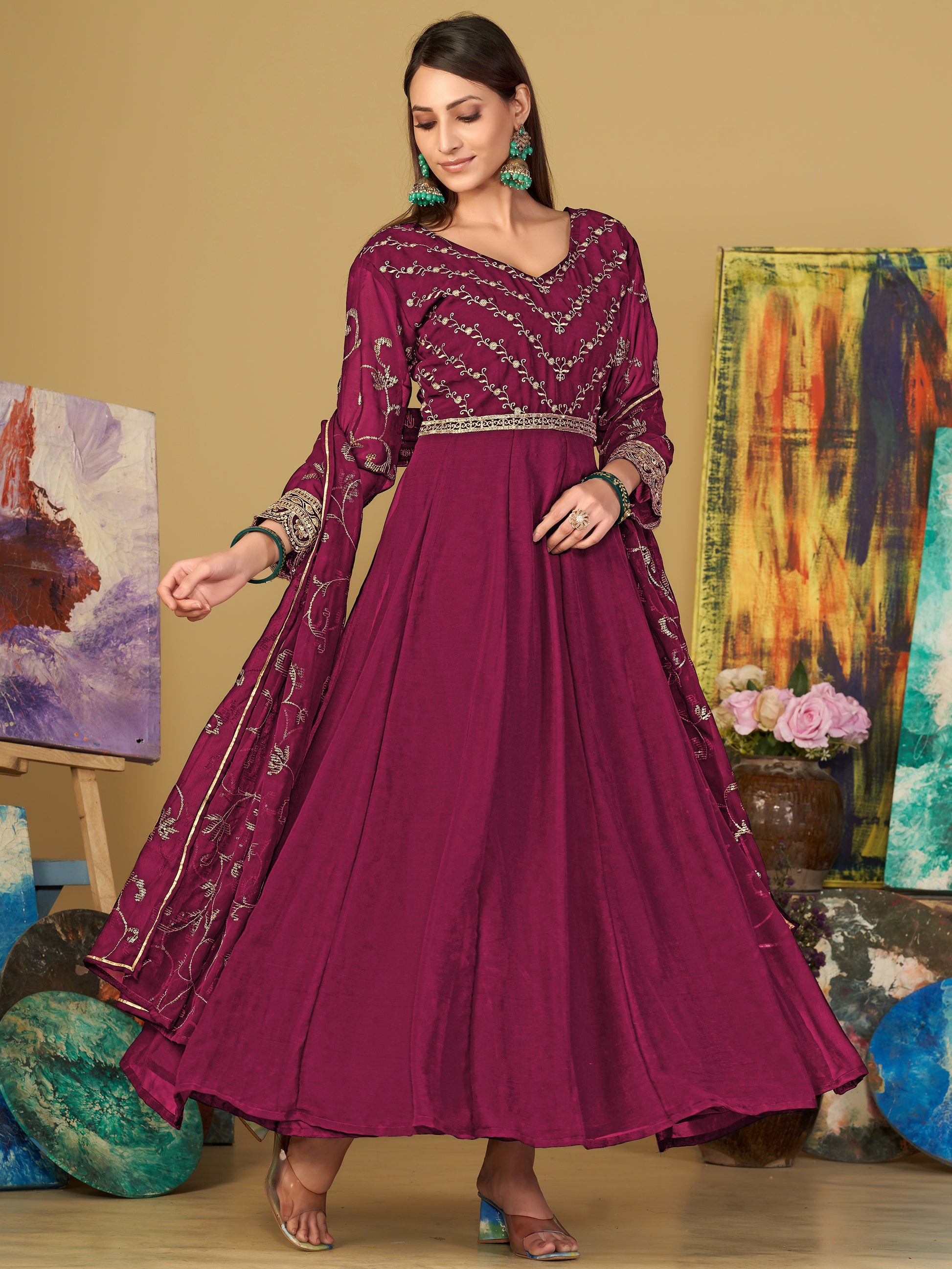 Elegant Dark Pink Sequins Georgette Reception Wear Anarkali Suit