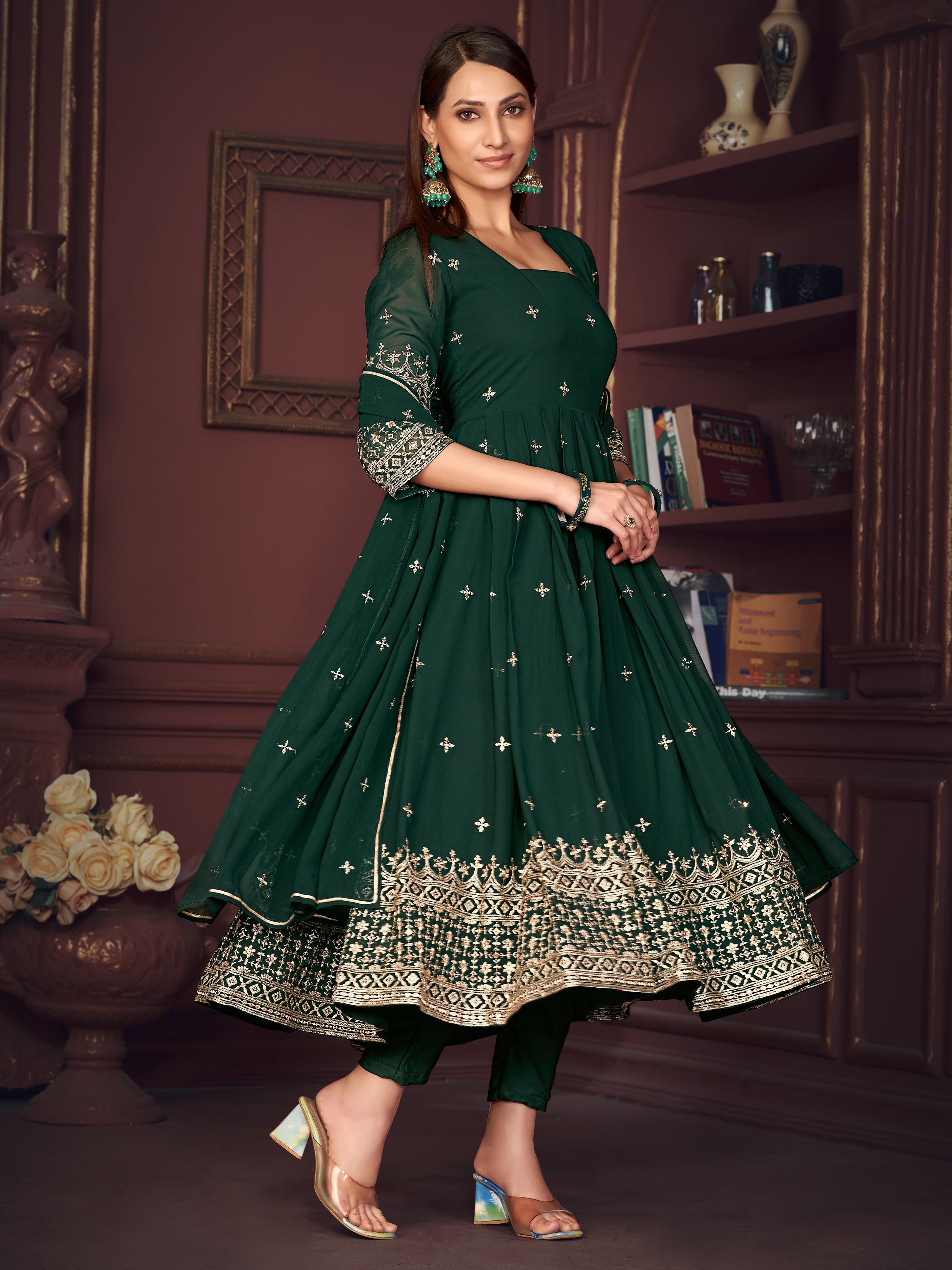 Buy Green Embroidered Georgette Anarkali Suit Online At Zeel Clothing