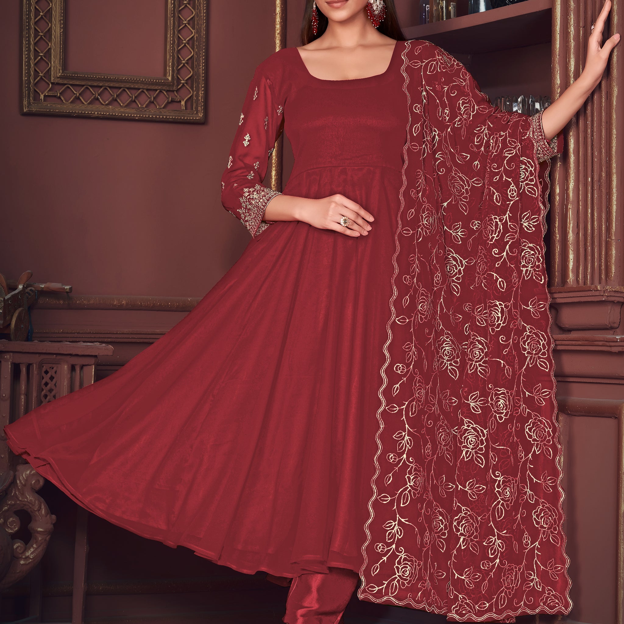 Exquisite Maroon Embroidered Georgette Reception Wear Anarkali Suit