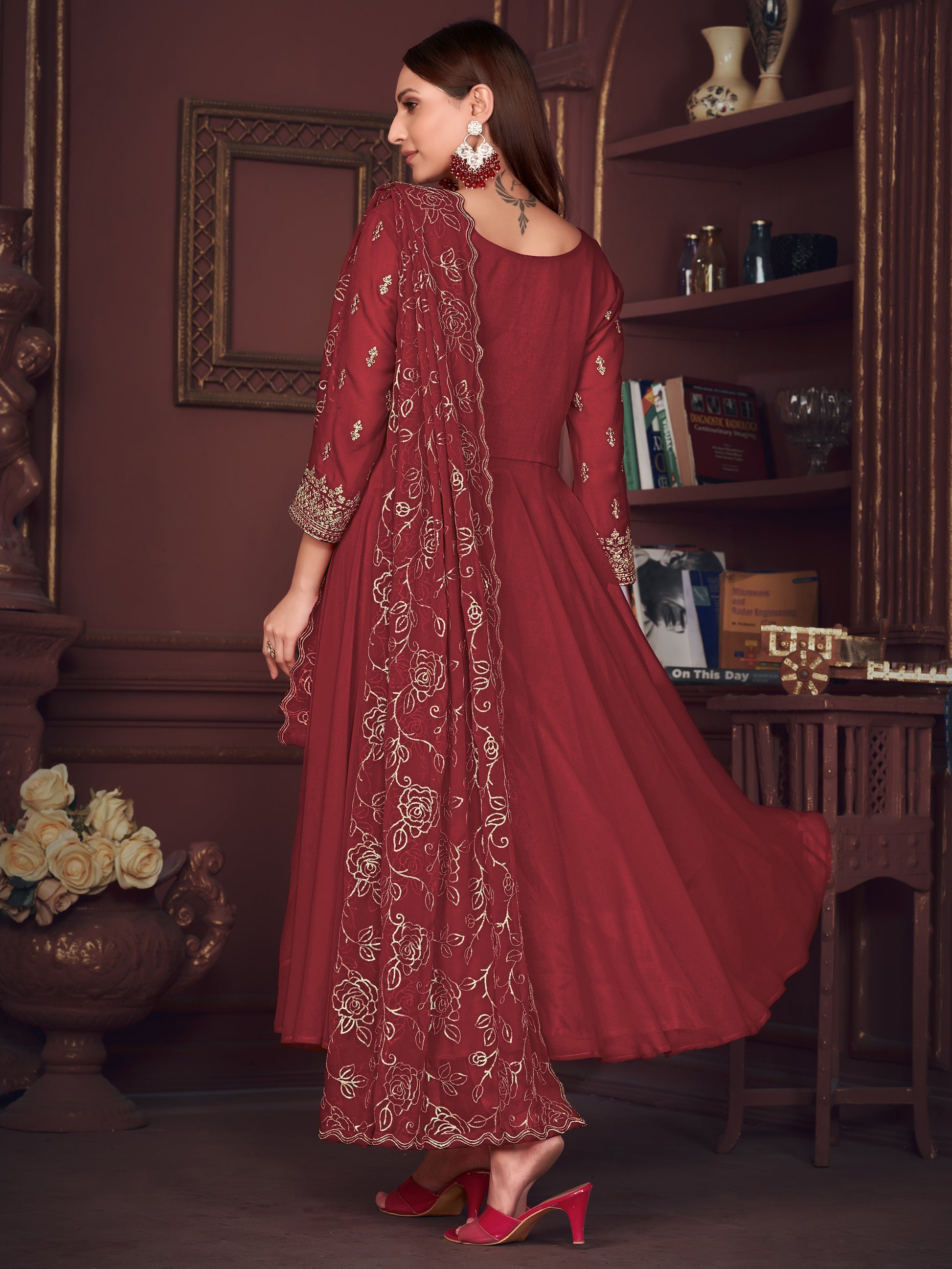 Exquisite Maroon Embroidered Georgette Reception Wear Anarkali Suit