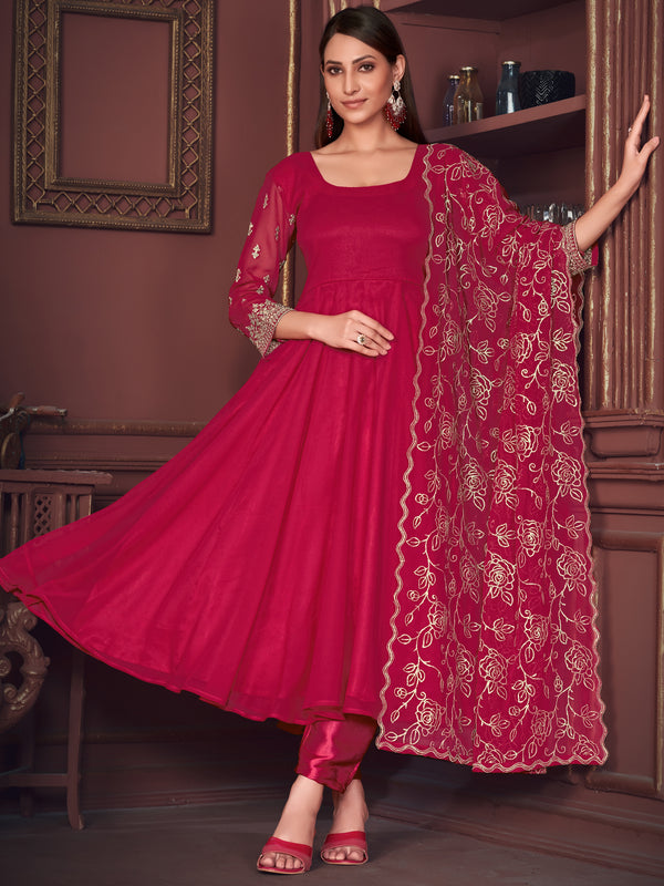 Wonderful Pink Embroidered Georgette Festive Wear Anarkali Suit