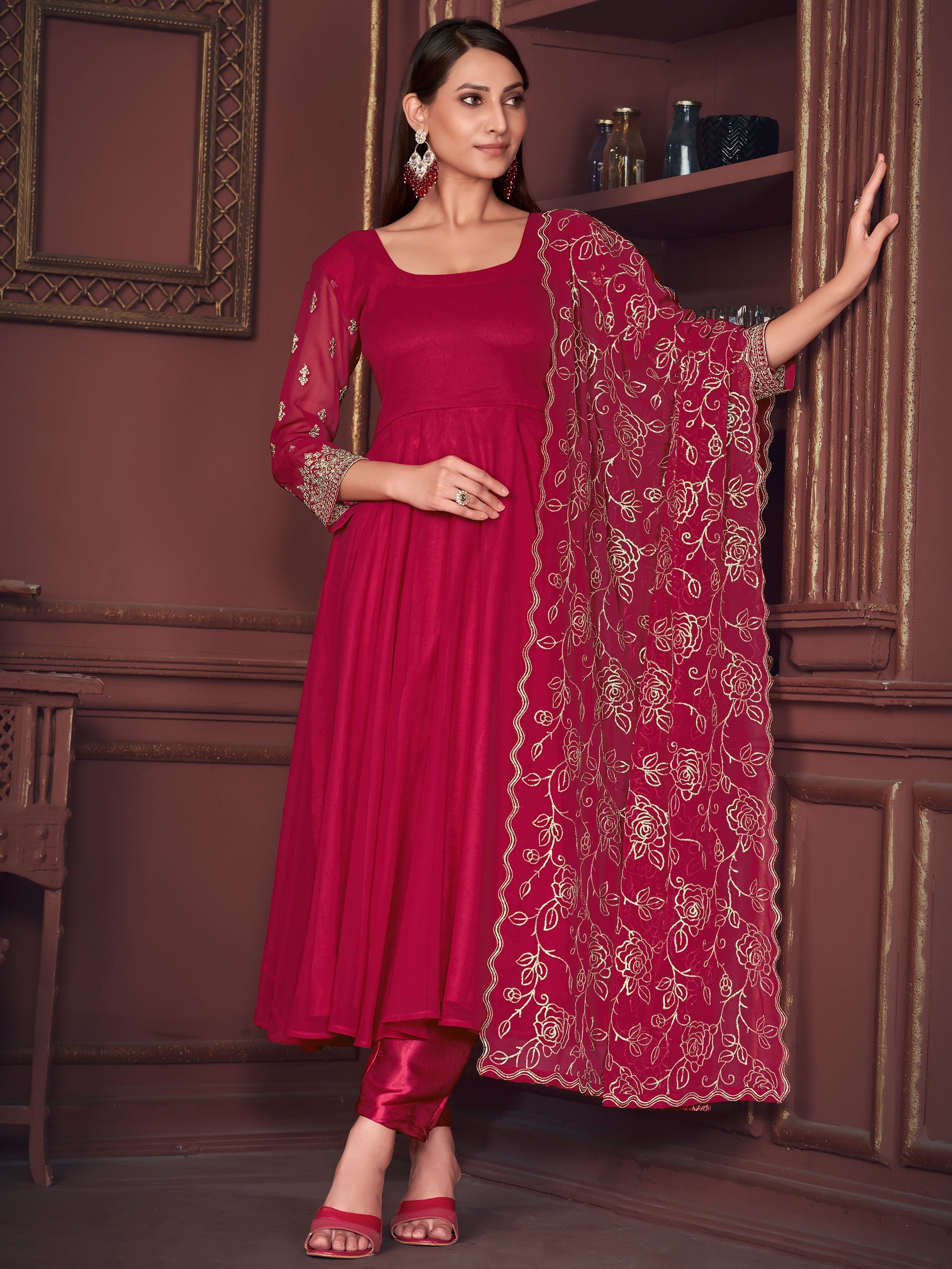 Wonderful Pink Embroidered Georgette Festive Wear Anarkali Suit