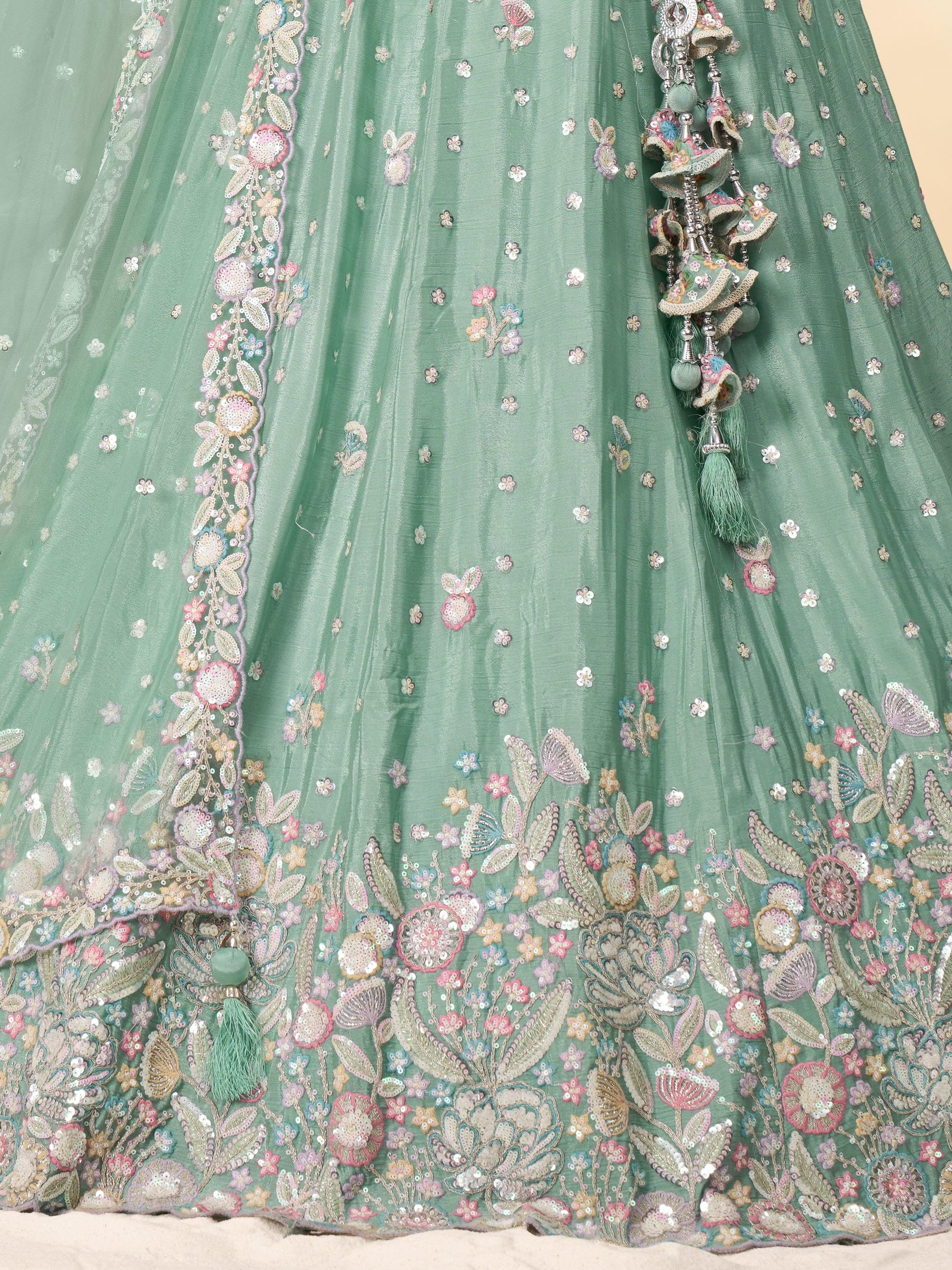 Gorgeous Sea Green Sequins Chiffon Engagement Wear Lehenga Choli