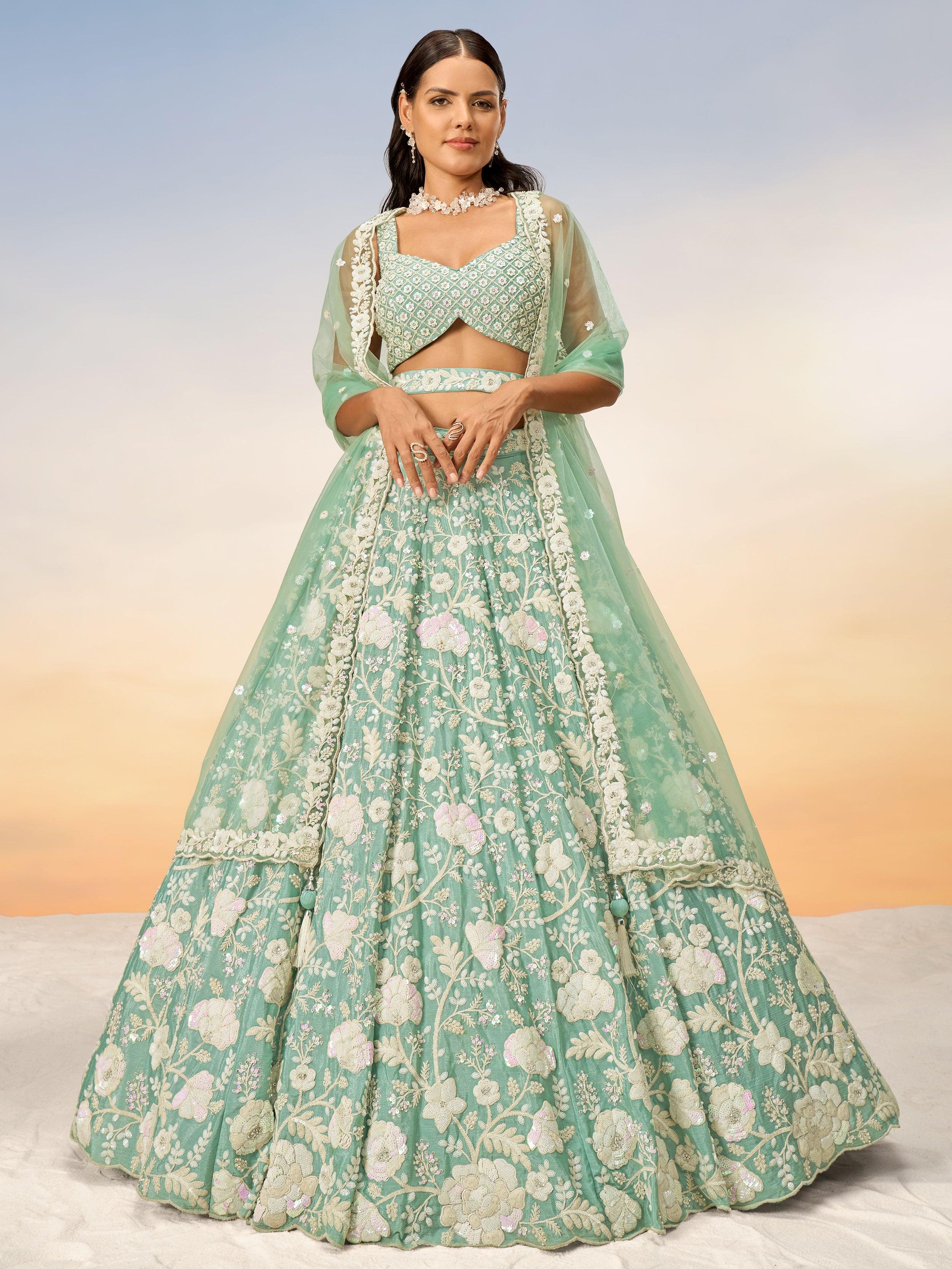 Shop Sea Green Sequins Georgette Lehenga Choli Online At Zeel Clothing