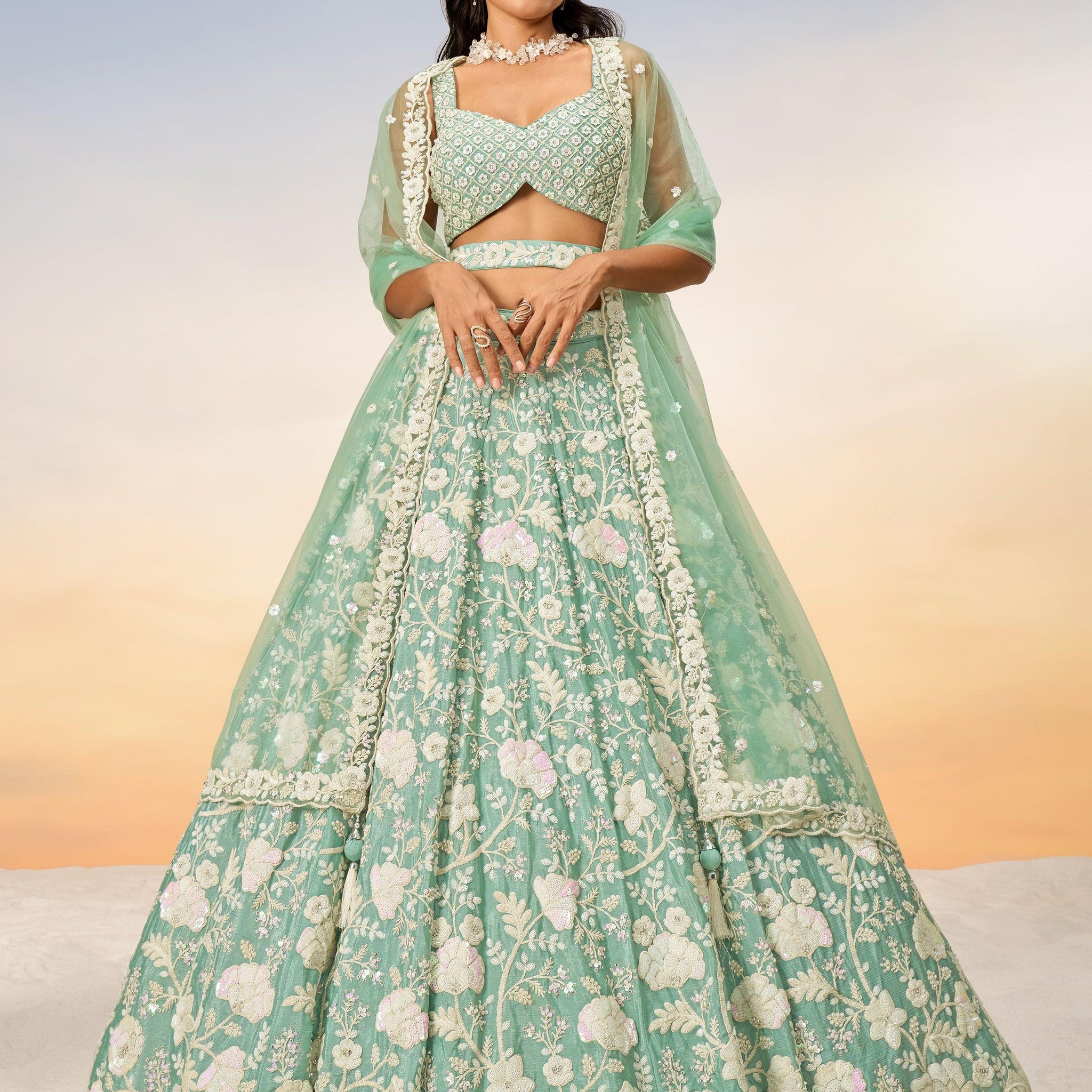 Charming Sea Green Sequins Georgette Engagement Wear Lehenga Choli