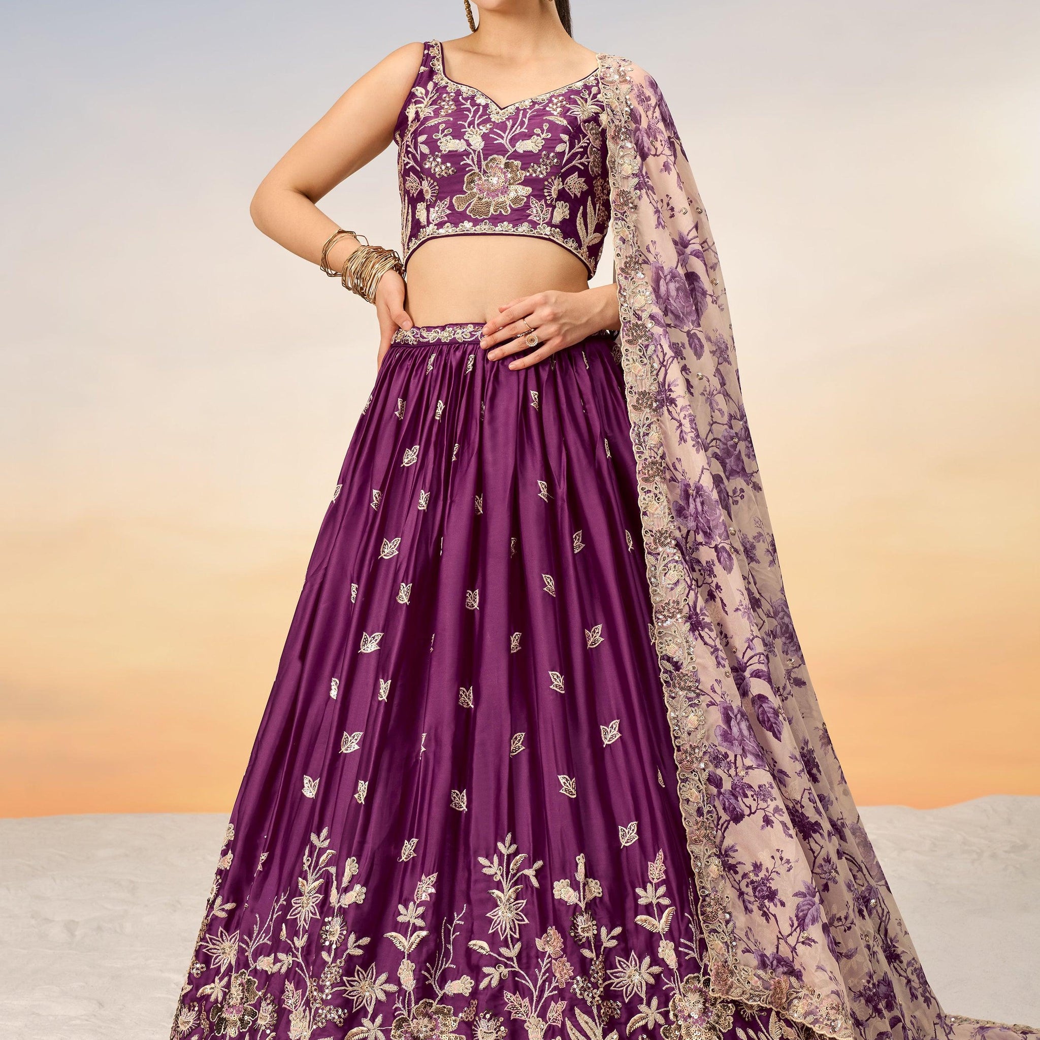 Pretty Wine Sequins Chiffon Wedding Wear Lehenga Choli With Dupatta
