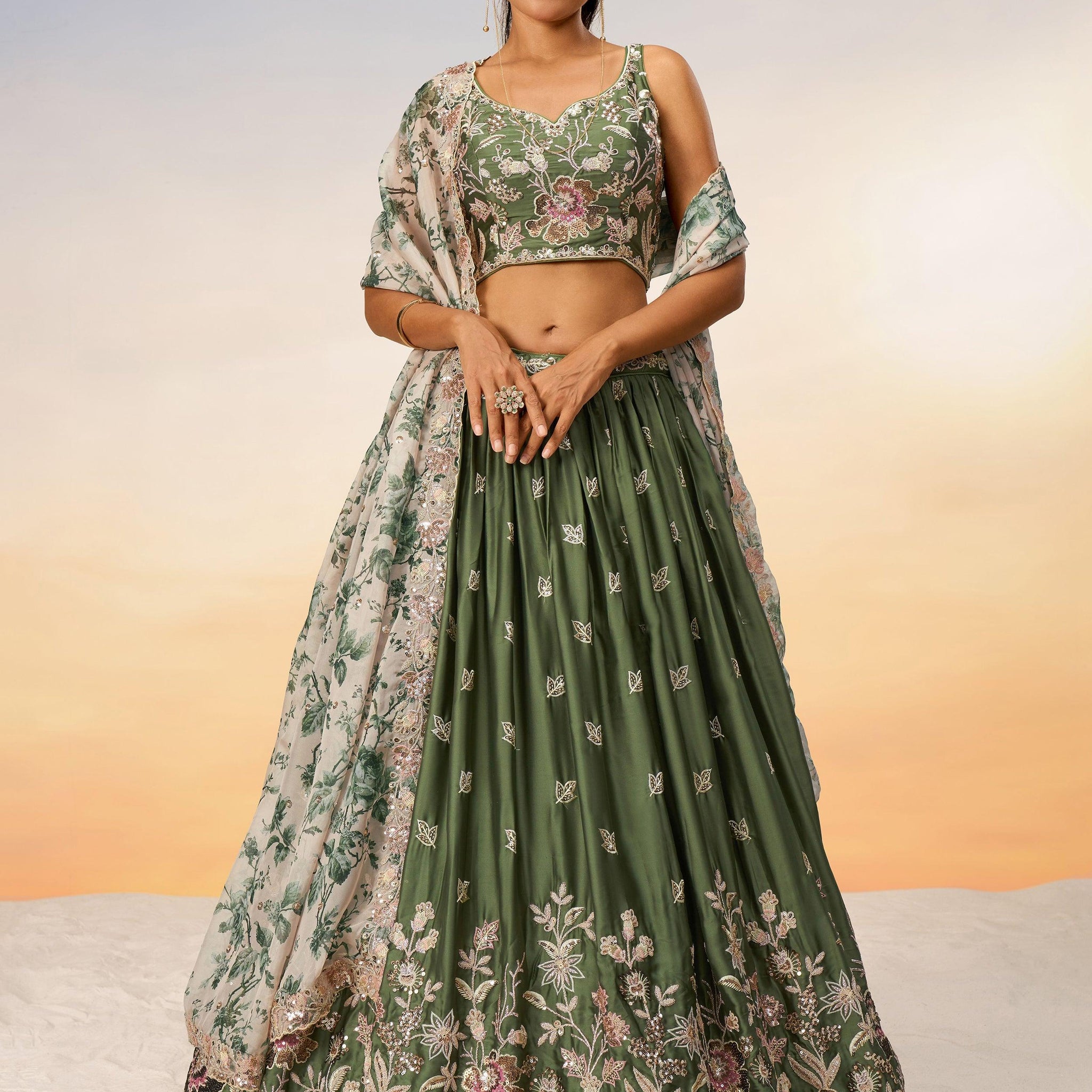 Charming Olive Green Embroidered Chiffon Mehendi Wear Lehenga Choli
