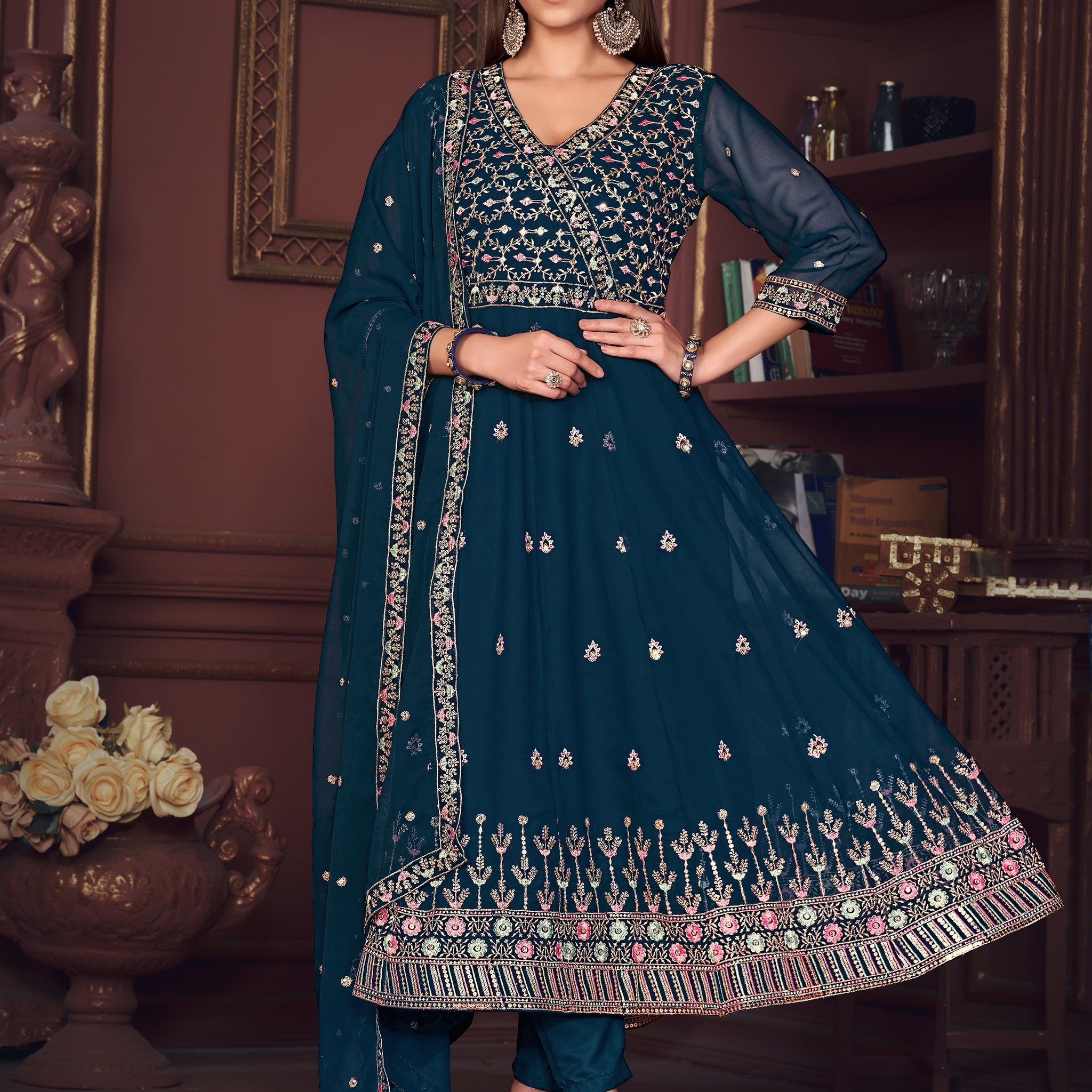 Superb Teal Blue Embroidered Georgette Anarkali Suit With Dupatta