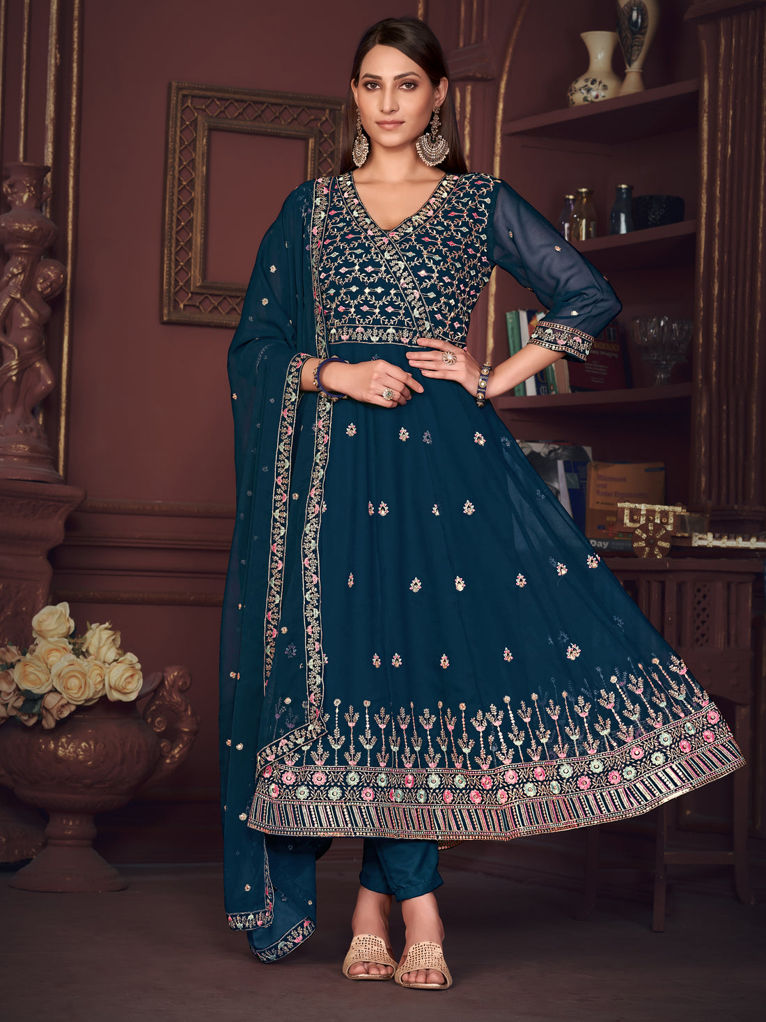 Superb Teal Blue Embroidered Georgette Anarkali Suit With Dupatta