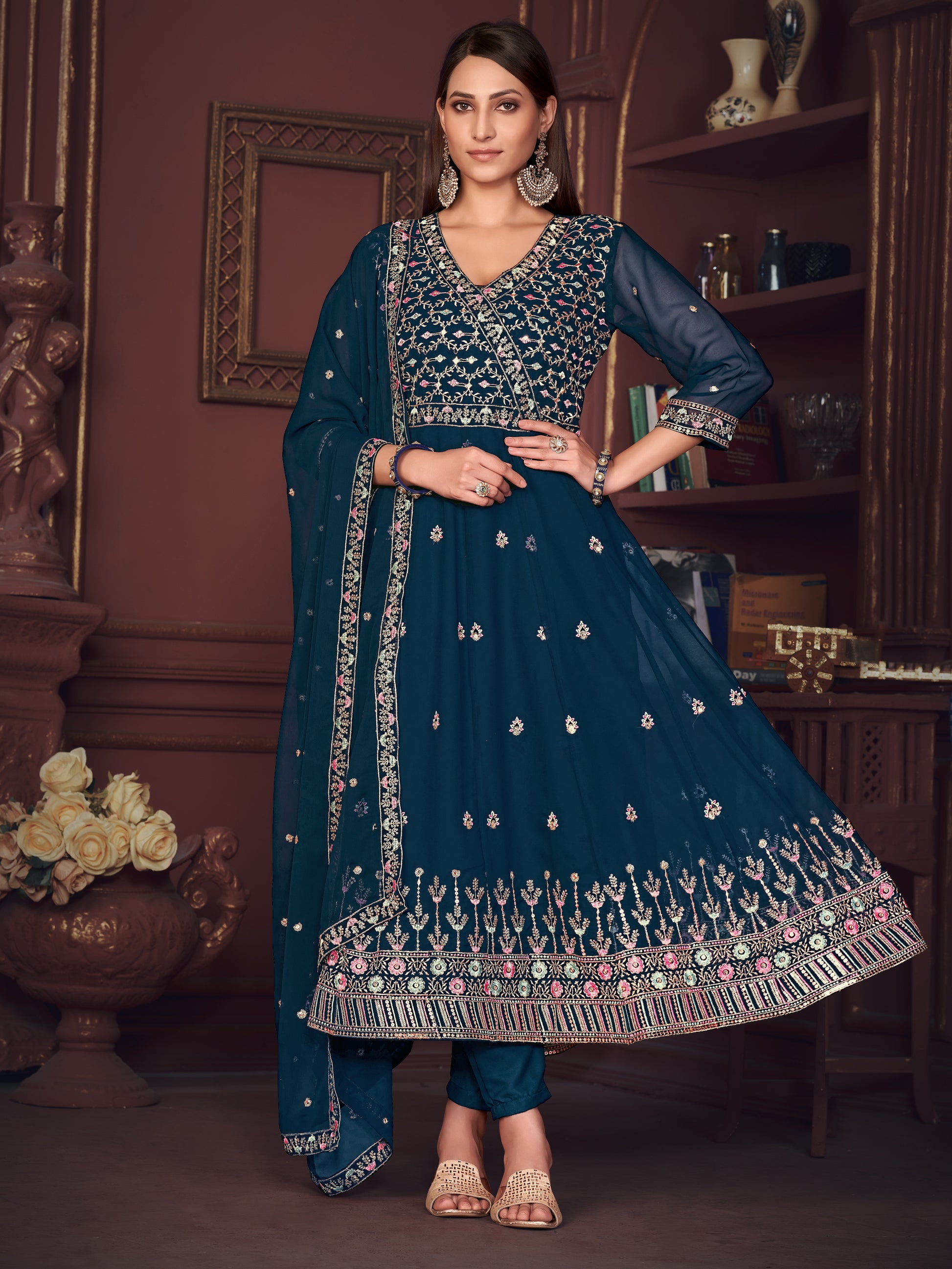 Superb Teal Blue Embroidered Georgette Anarkali Suit With Dupatta