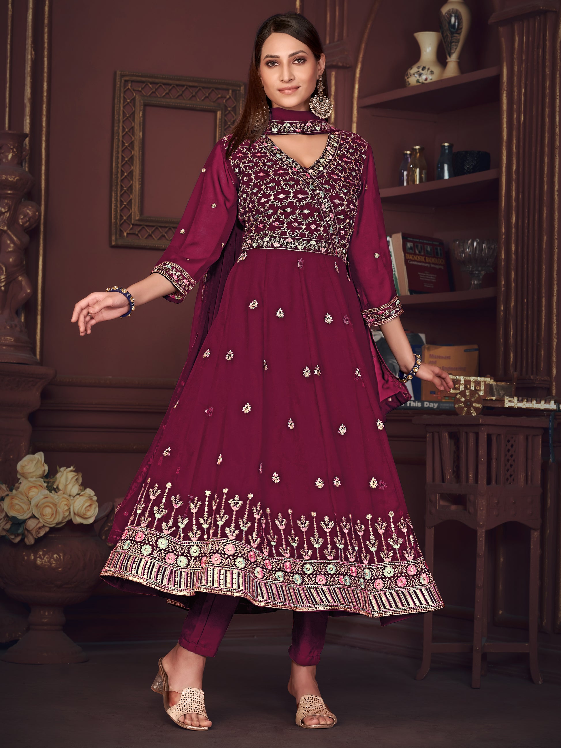 Amazing Dark Pink Embroidered Georgette Reception Wear Anarkali Suit