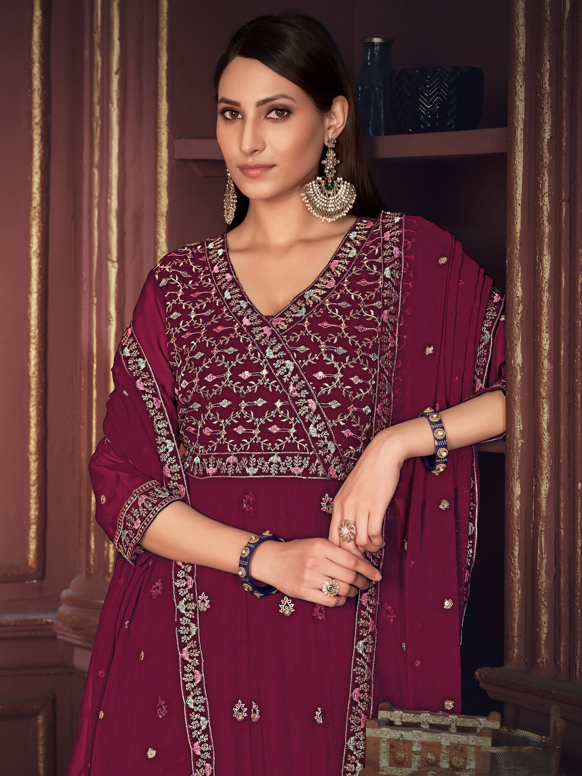 Amazing Dark Pink Embroidered Georgette Reception Wear Anarkali Suit