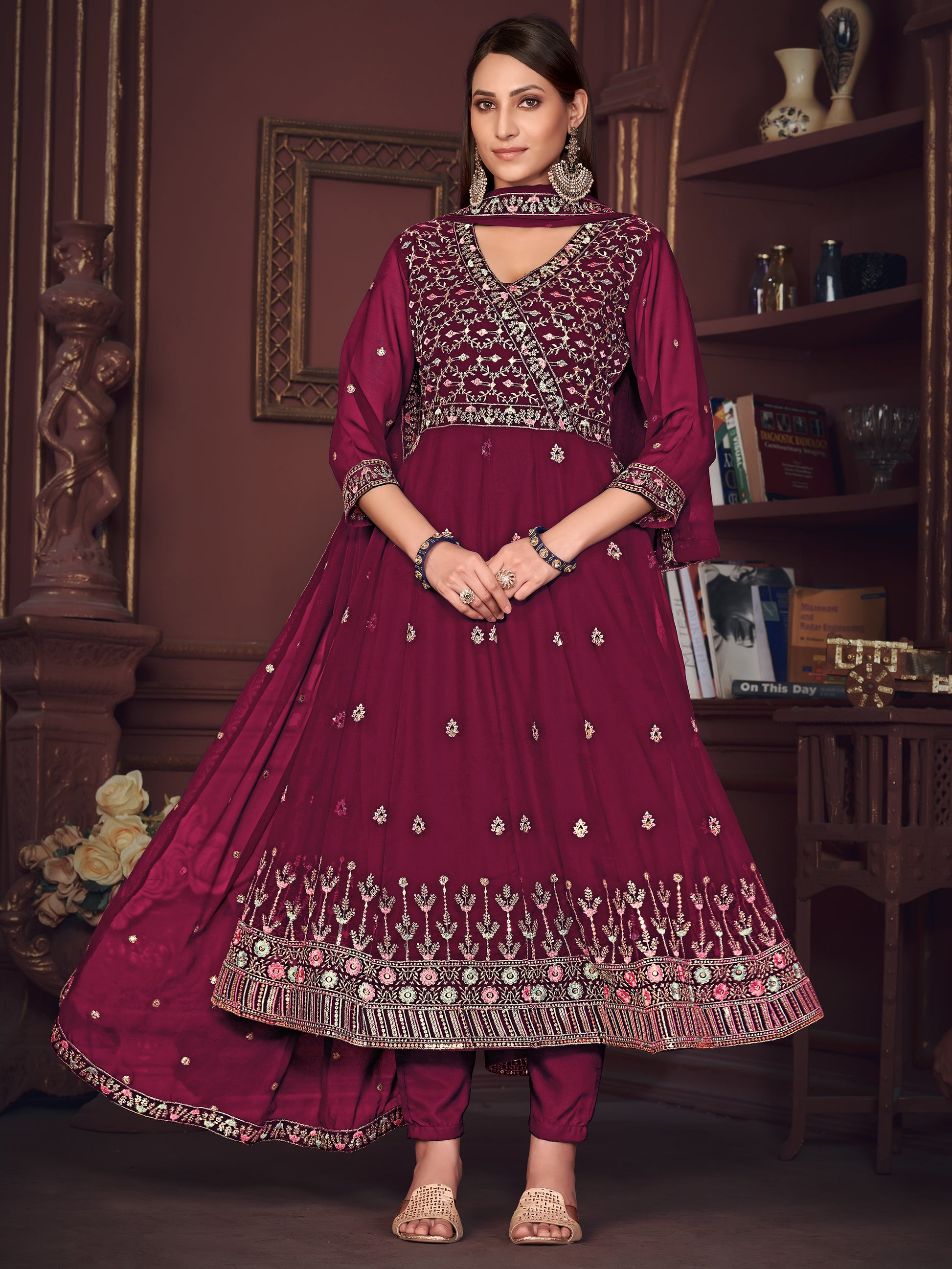 Amazing Dark Pink Embroidered Georgette Reception Wear Anarkali Suit