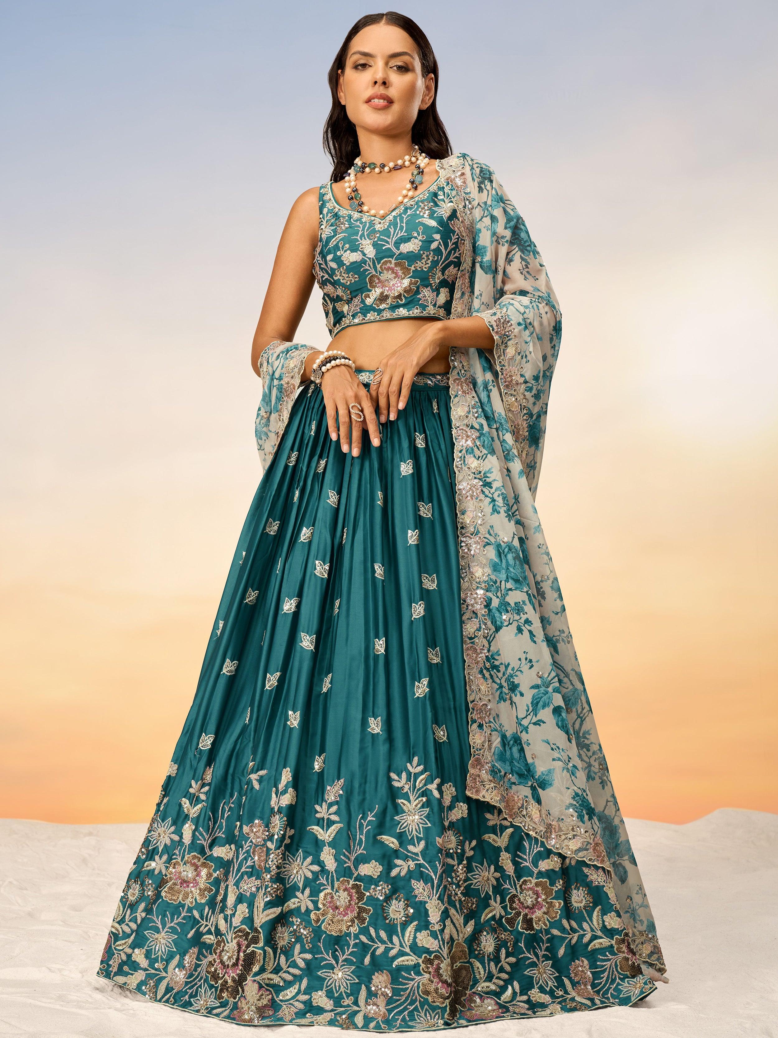 Shop Teal Blue Sequins Chiffon Wedding Lehenga Choli Online At Zeel Clothing