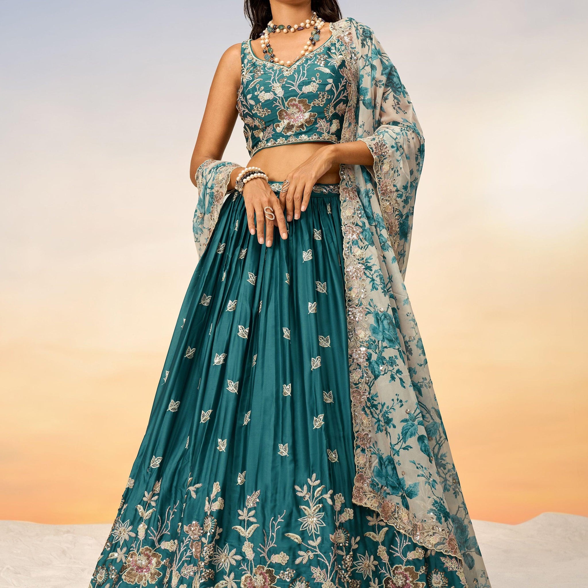 Alluring Teal Blue Sequins Chiffon Wedding Lehenga Choli With Dupatta