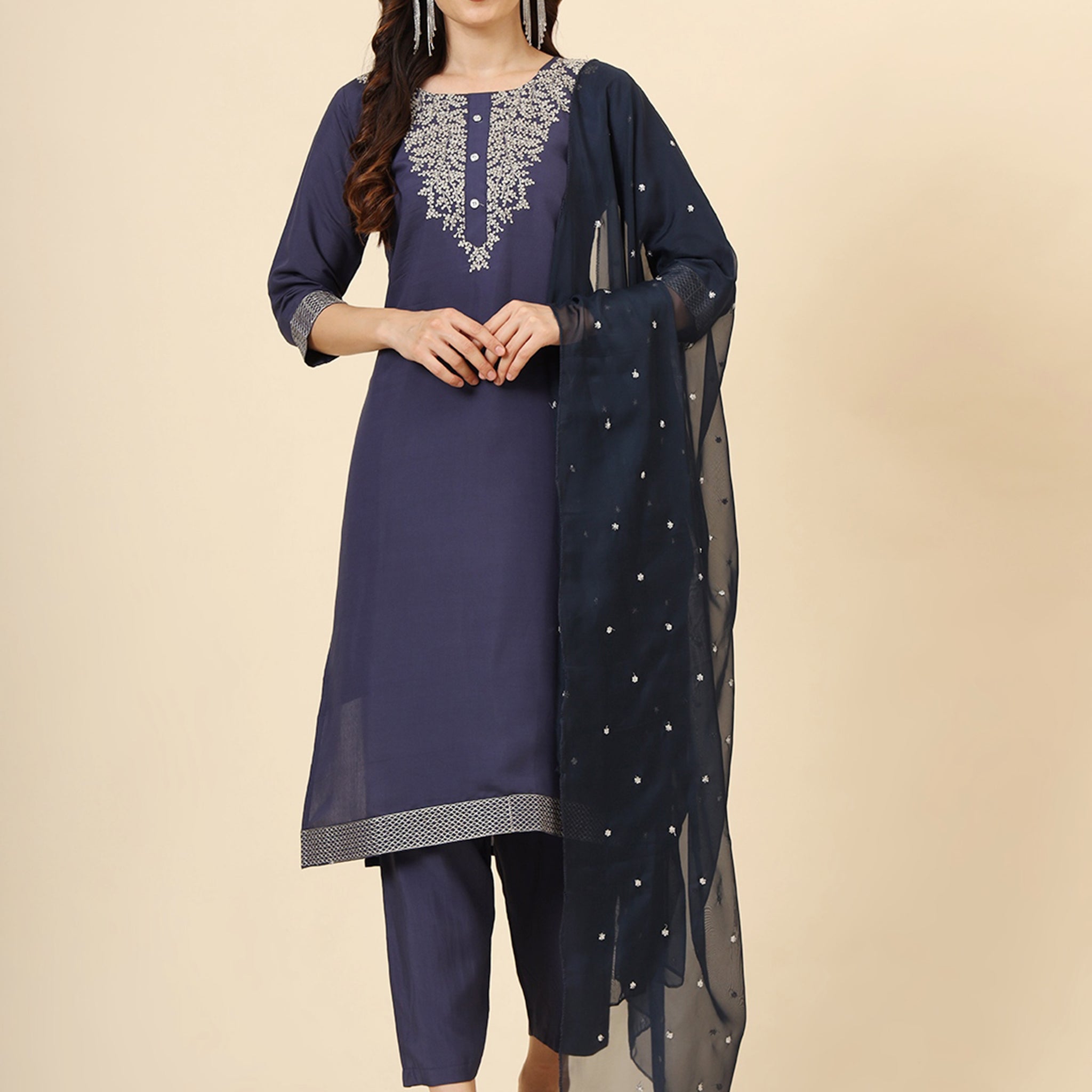 Marvelous Navy Blue Embroidered Silk Festival Wear Pant Suit