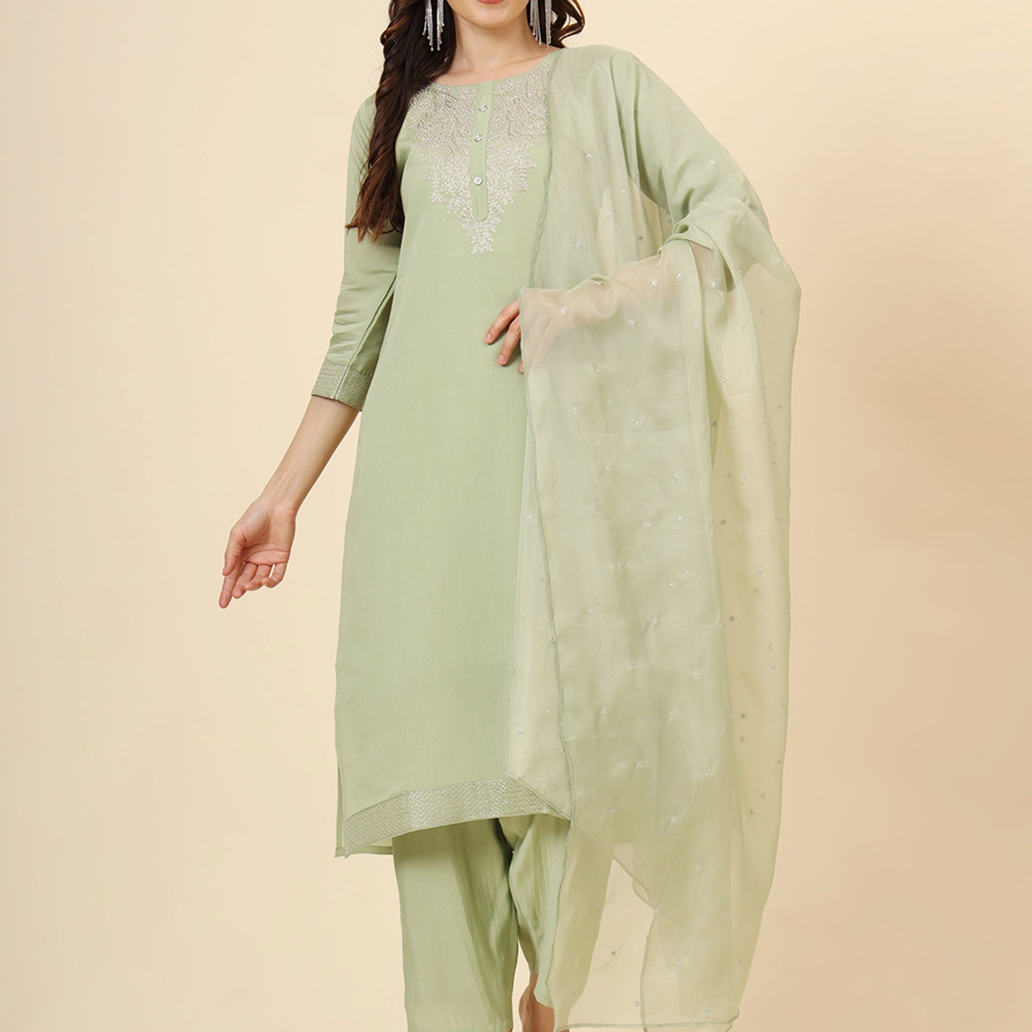 Alluring Pista Green Embroidered Silk Event Wear Pant Suit